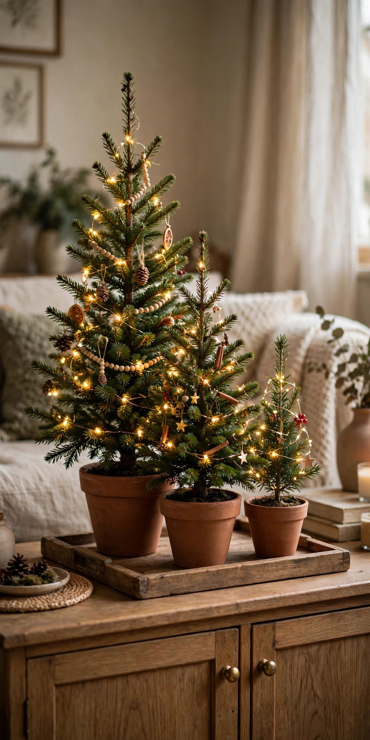 Cluster of three small Christmas trees at staggered heights in terracotta pots on a wooden tray on a sideboard