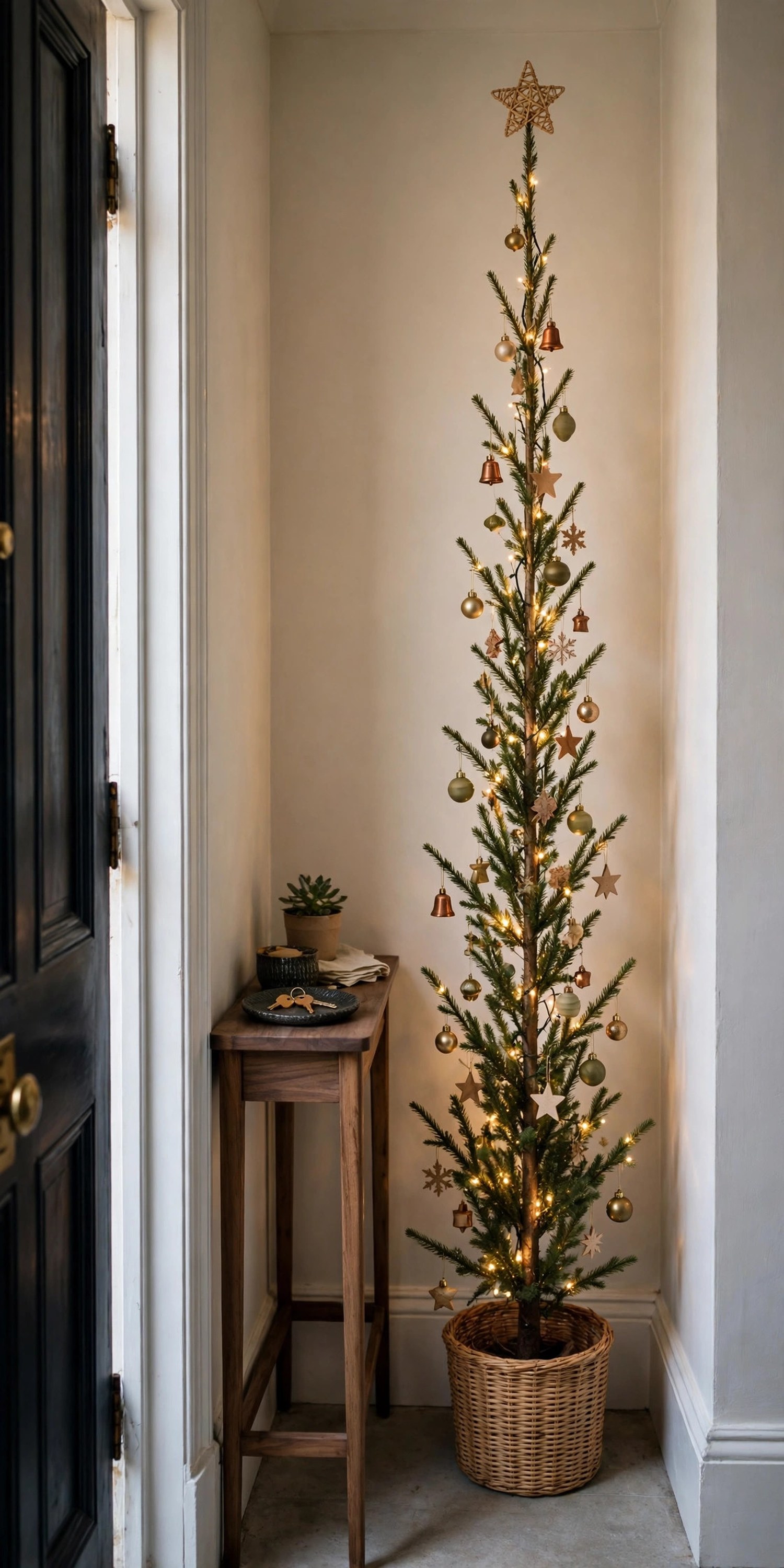 Slim pencil Christmas tree with miniature ornaments in a woven basket in a narrow entryway beside a console table