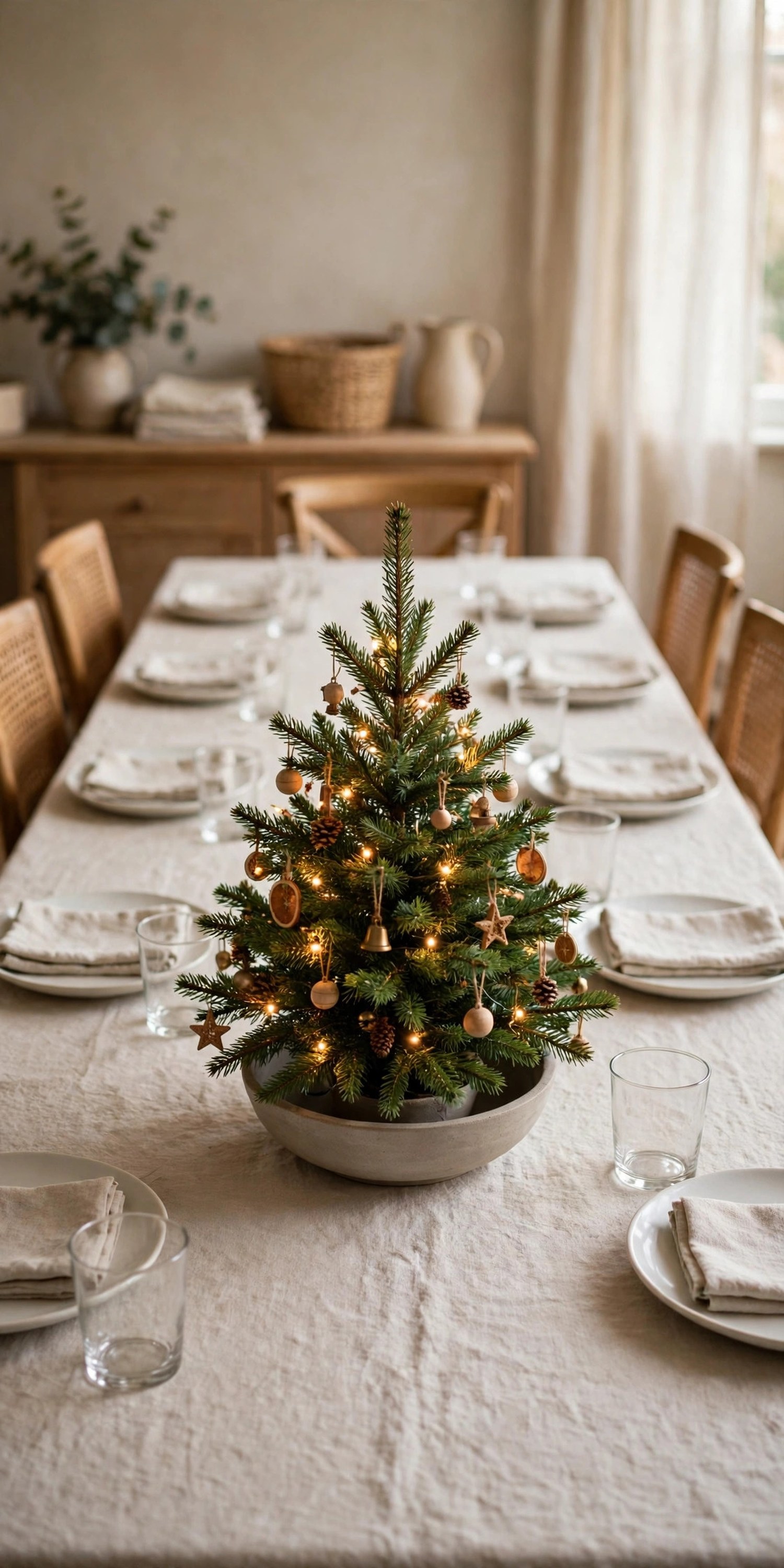 Small Christmas tree in a low bowl as a centerpiece on a simply set dining table with linen napkins and glasses