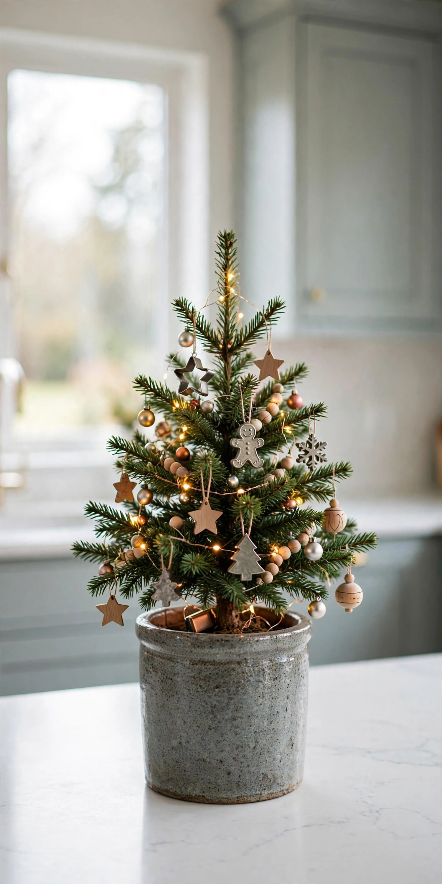 Mini Christmas tree in a stoneware crock on a kitchen counter decorated with cookie cutter and wooden star ornaments
