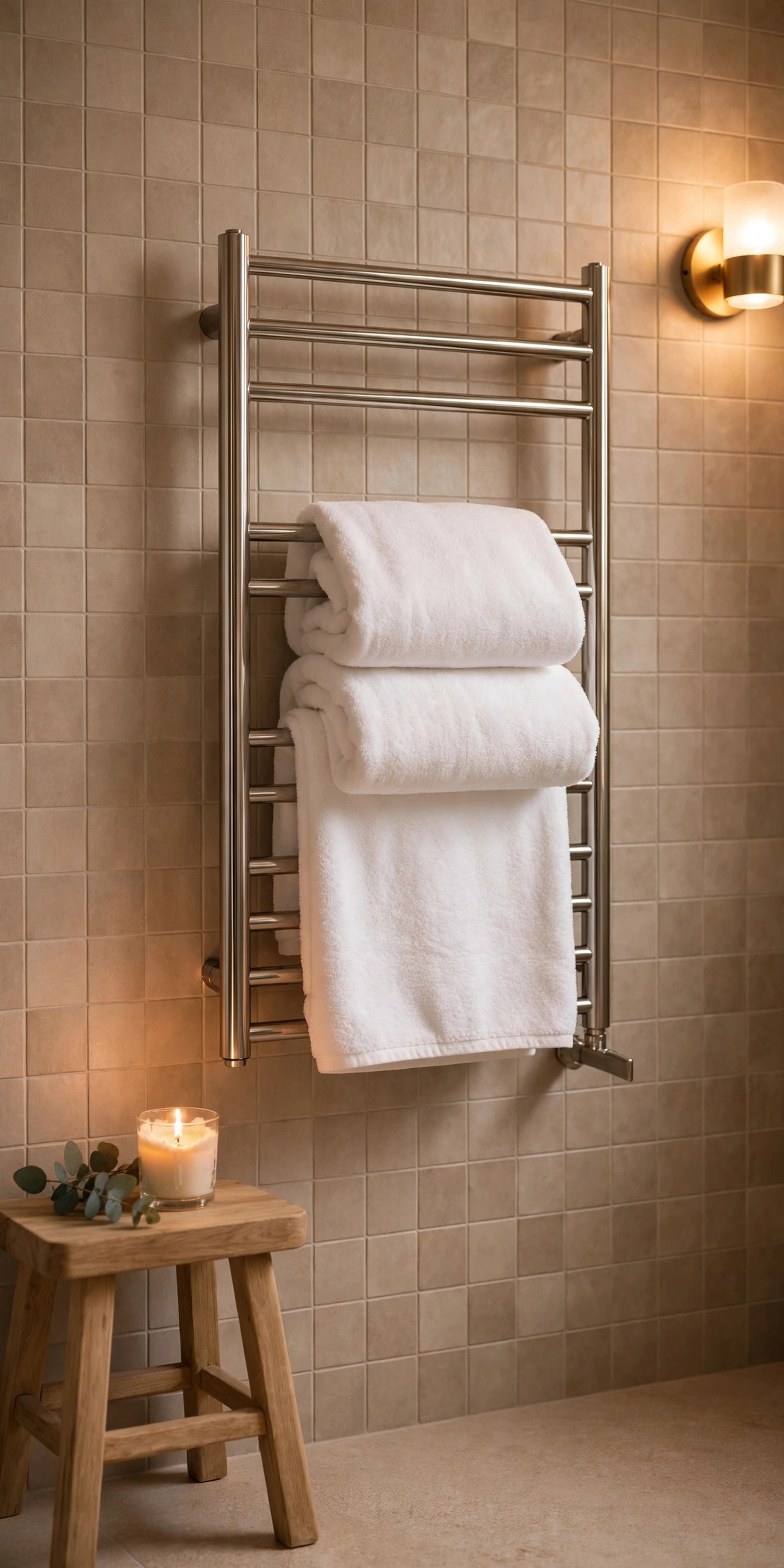 Heated towel rail with warm white towels in a cozy bathroom