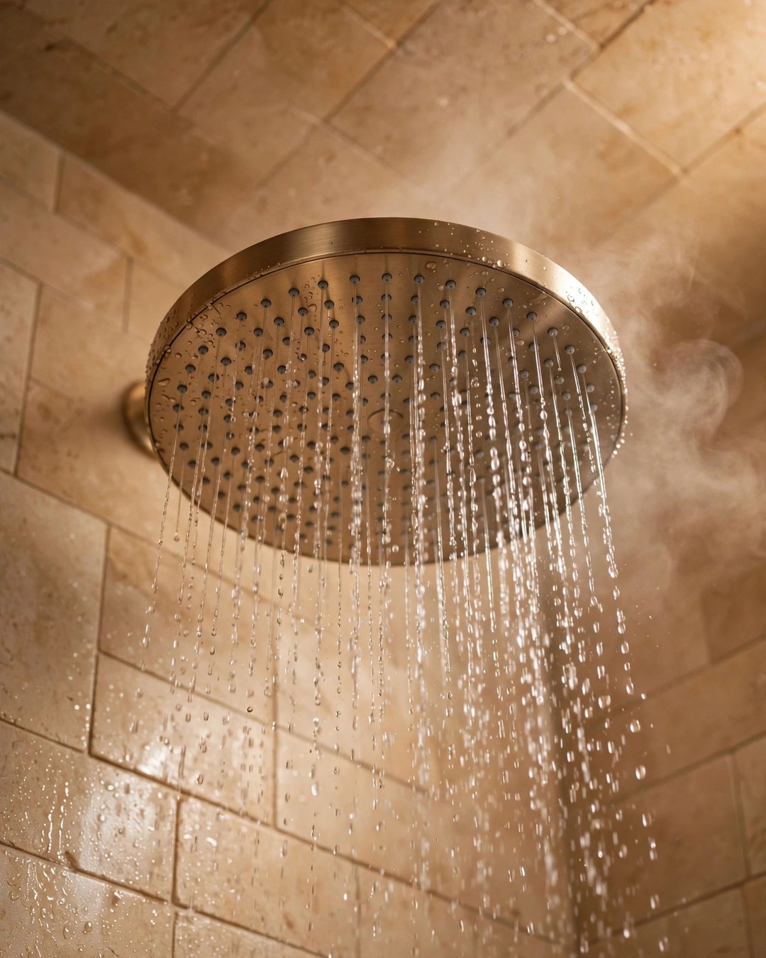 Spa bathroom ideas: rainfall showerhead with gentle water stream in a stone shower