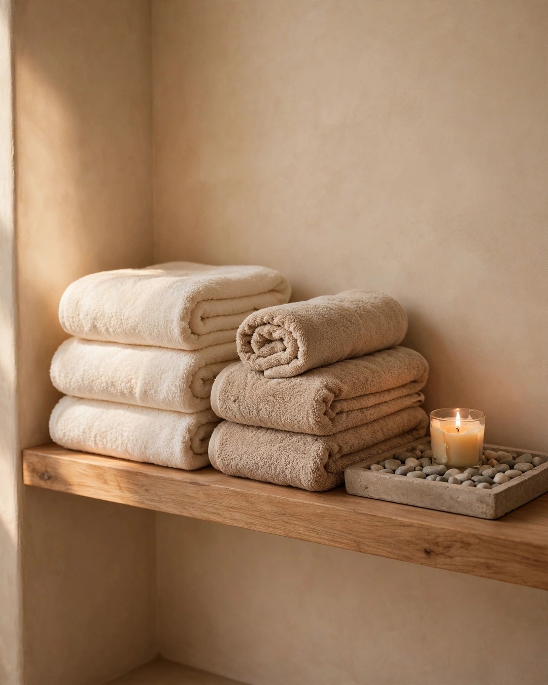 Spa bathroom ideas: rolled cream towels stacked on an open wooden bathroom shelf