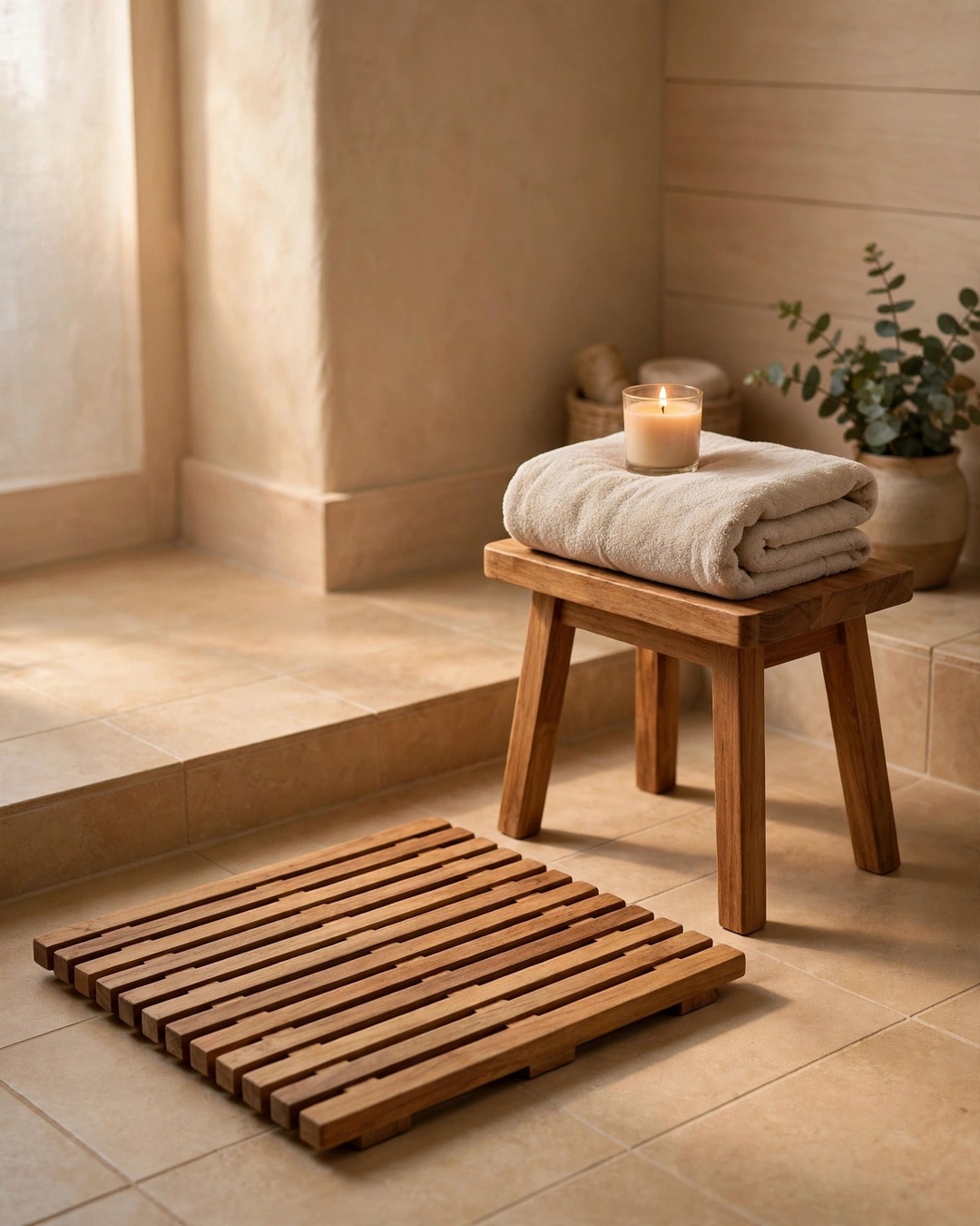 Spa bathroom ideas: teak bath mat and wooden stool in a warm bathroom