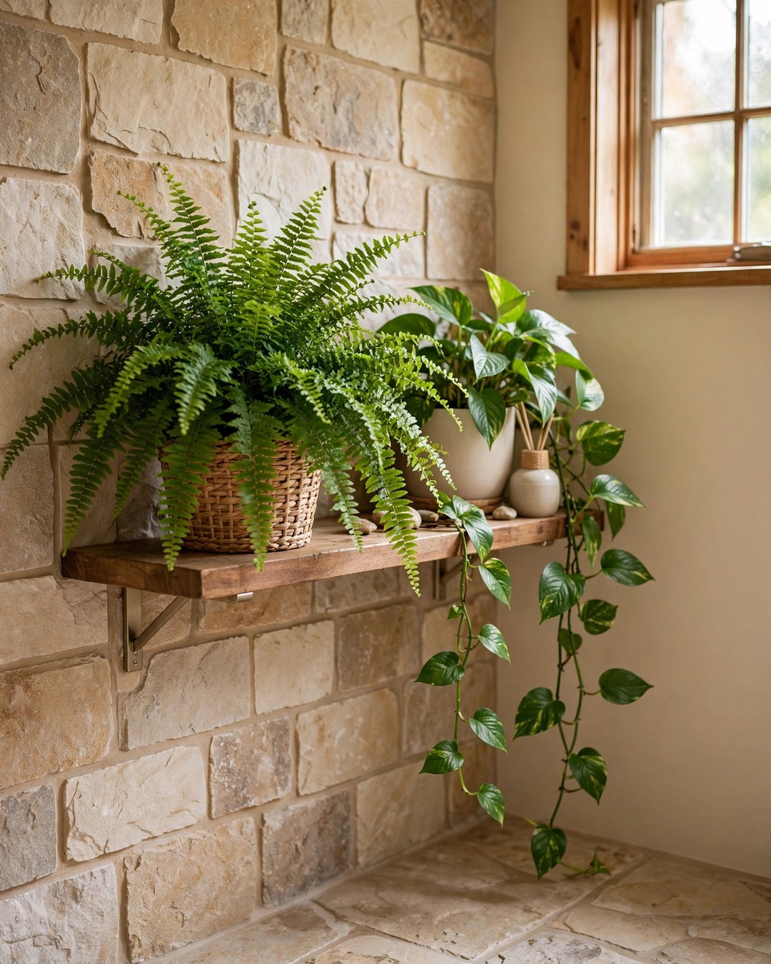 Spa bathroom ideas: Boston fern and pothos plants on a bathroom shelf