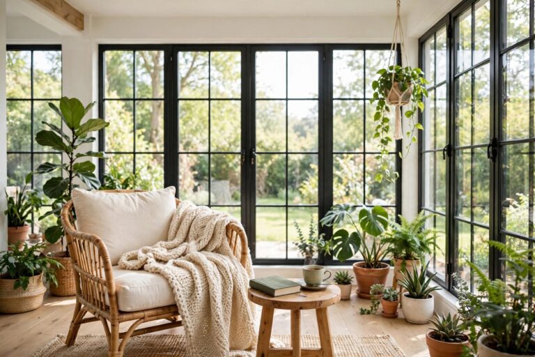 Bright sunroom with rattan armchair, knit throw and lush houseplants by glass windows