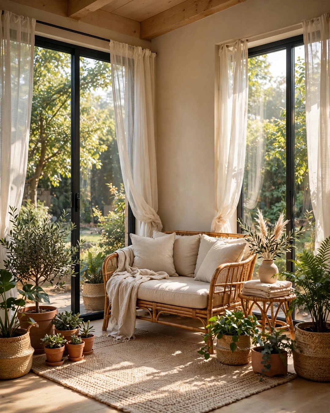 Bright sunroom with rattan loveseat, linen cushions, and potted plants by glass windows
