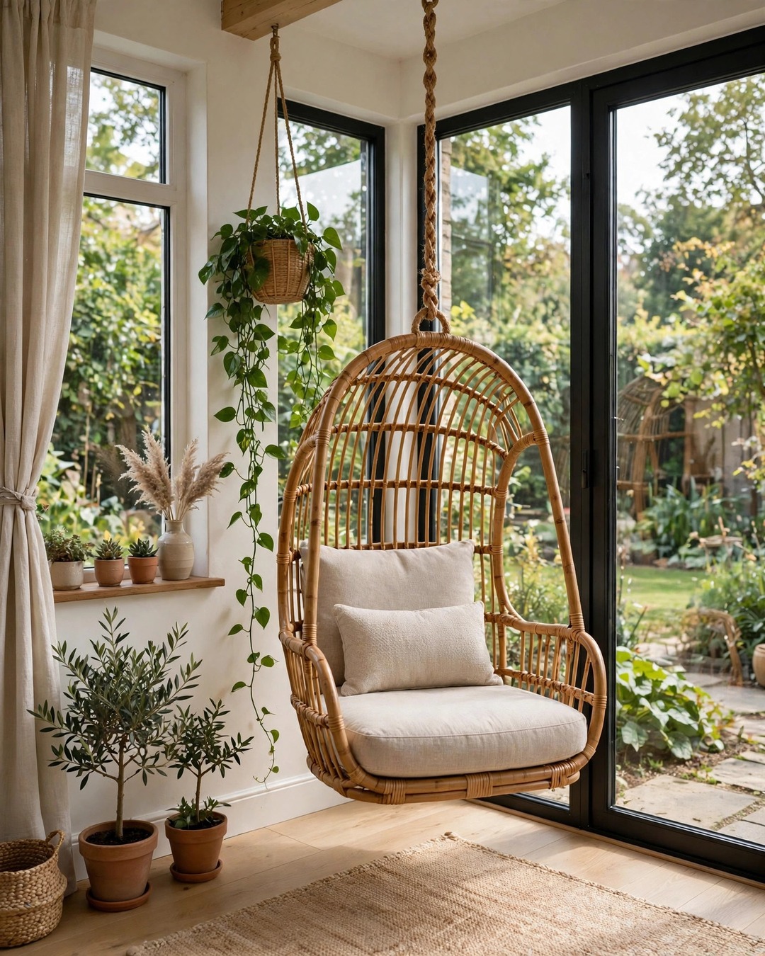 Hanging rattan swing chair in a bright sunroom corner near windows