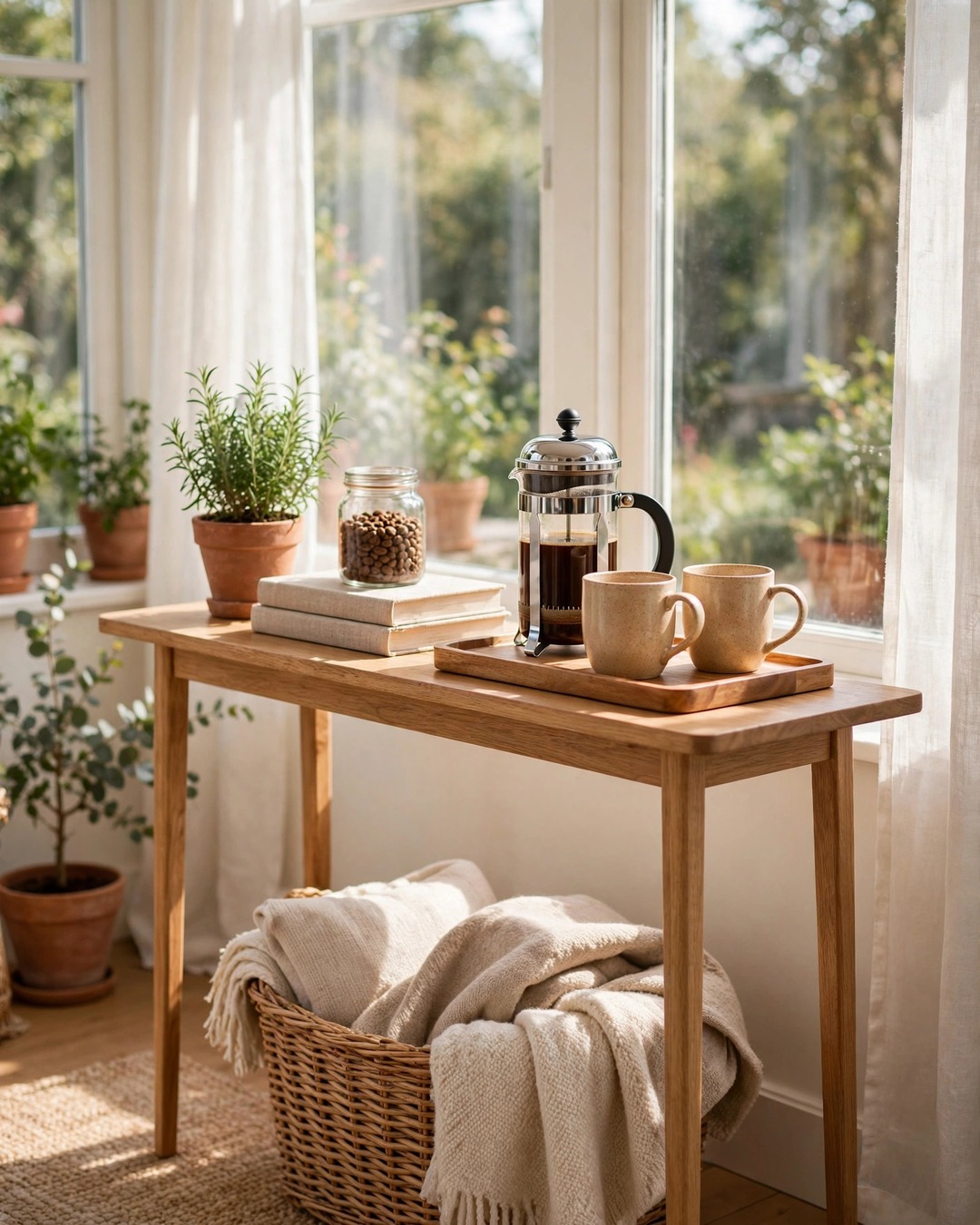 Wooden console styled as a morning coffee station in a sunroom
