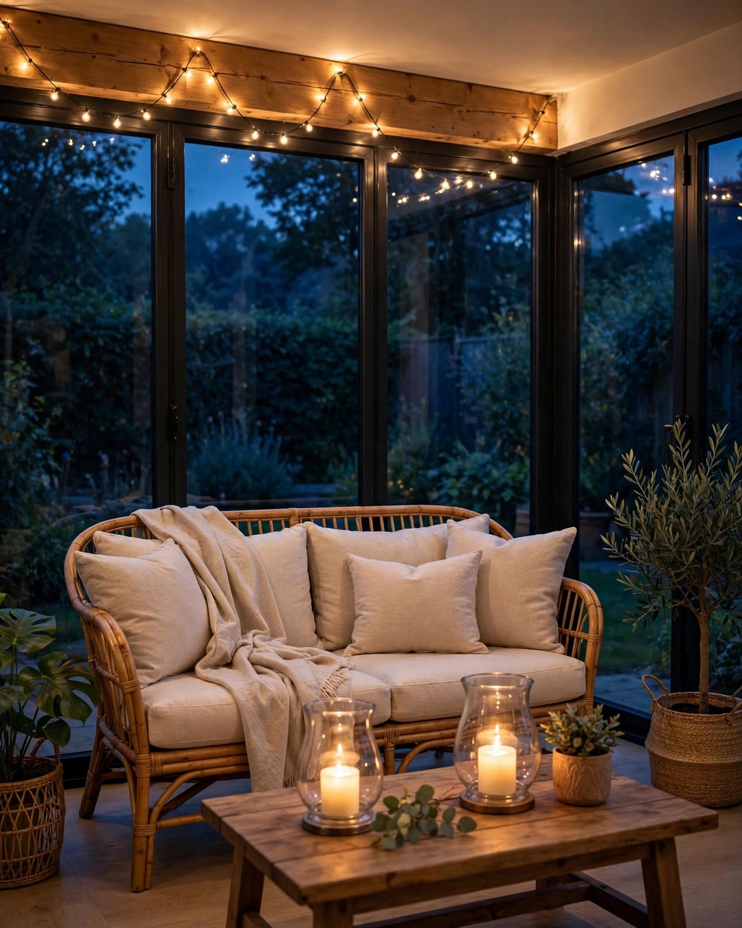 Sunroom at dusk with warm string lights and glowing candle lanterns
