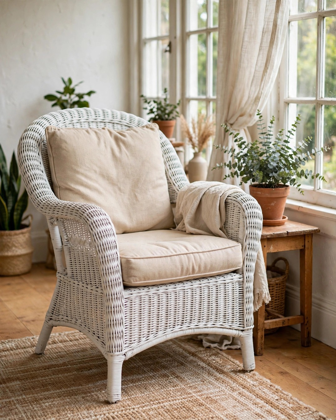 Refreshed white wicker armchair with new beige cushions in a sunroom