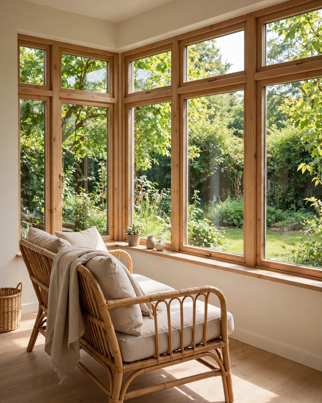 Rattan loveseat facing the garden view through sunroom windows