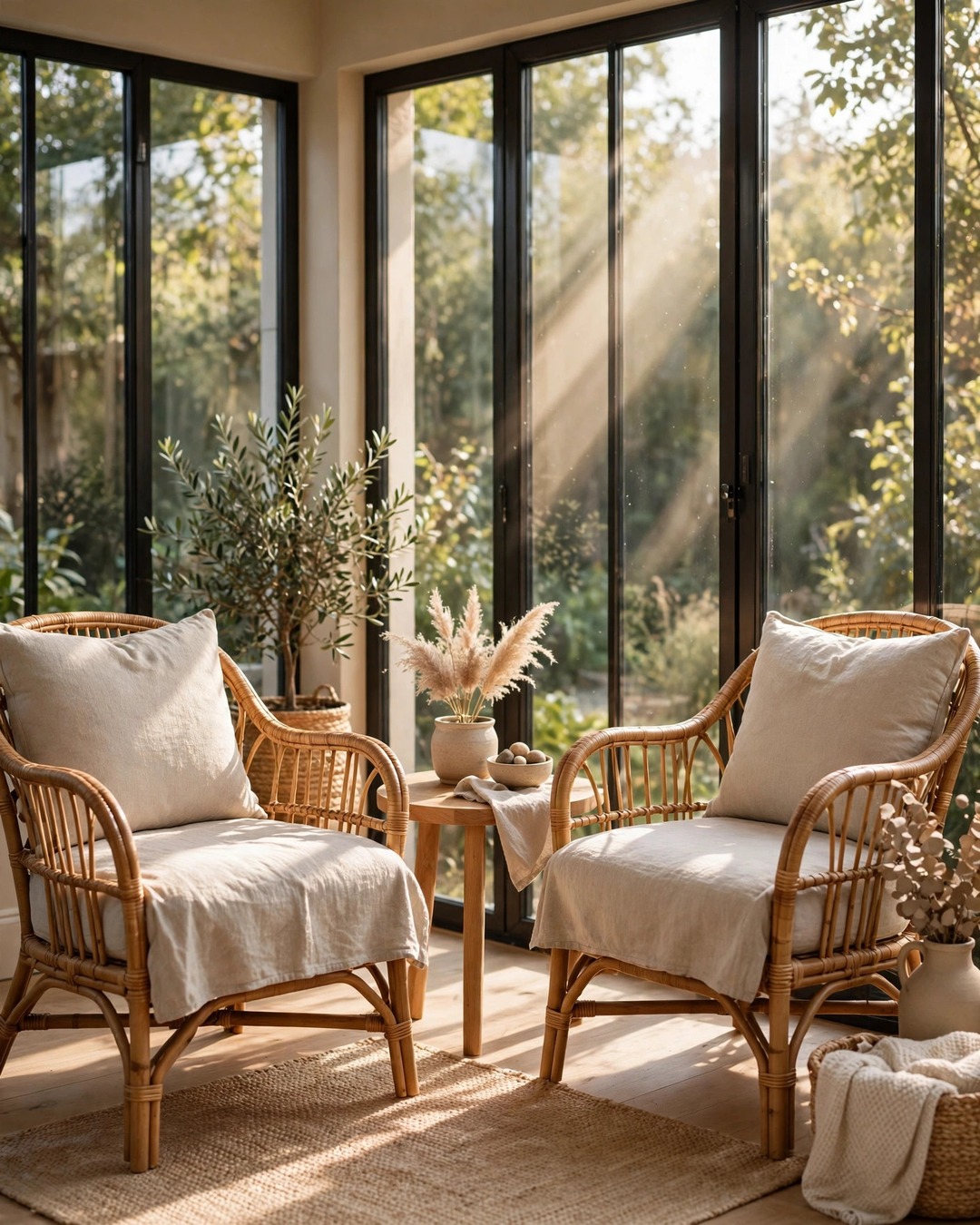 Two rattan armchairs with oatmeal linen cushions in a sunlit sunroom