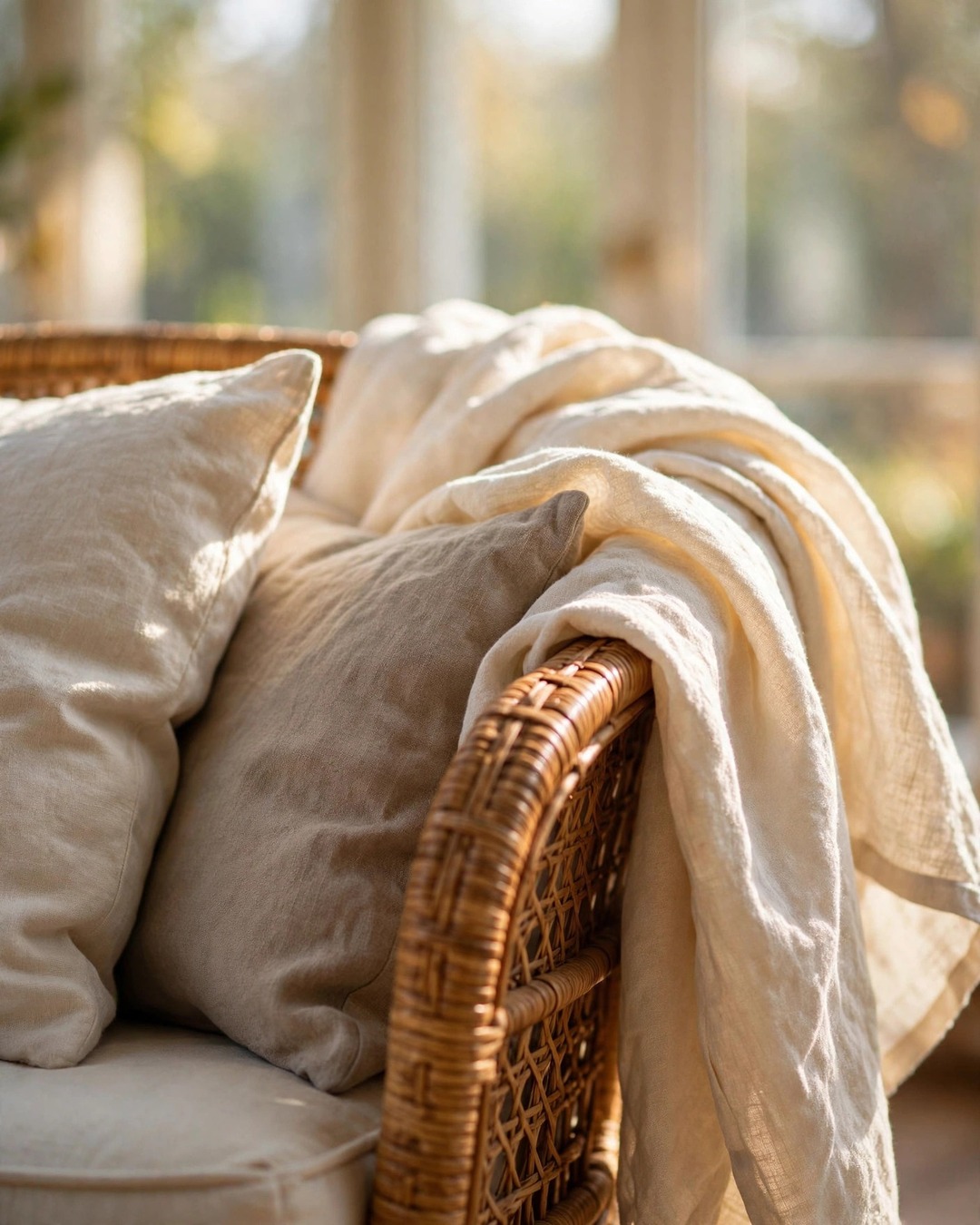 Cream linen throw draped over a rattan chair glowing in sunroom sunlight