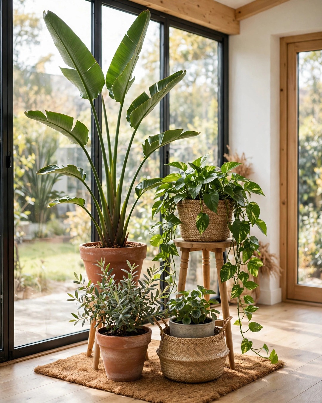 Layered plant corner in a sunroom with bird of paradise and terracotta pots