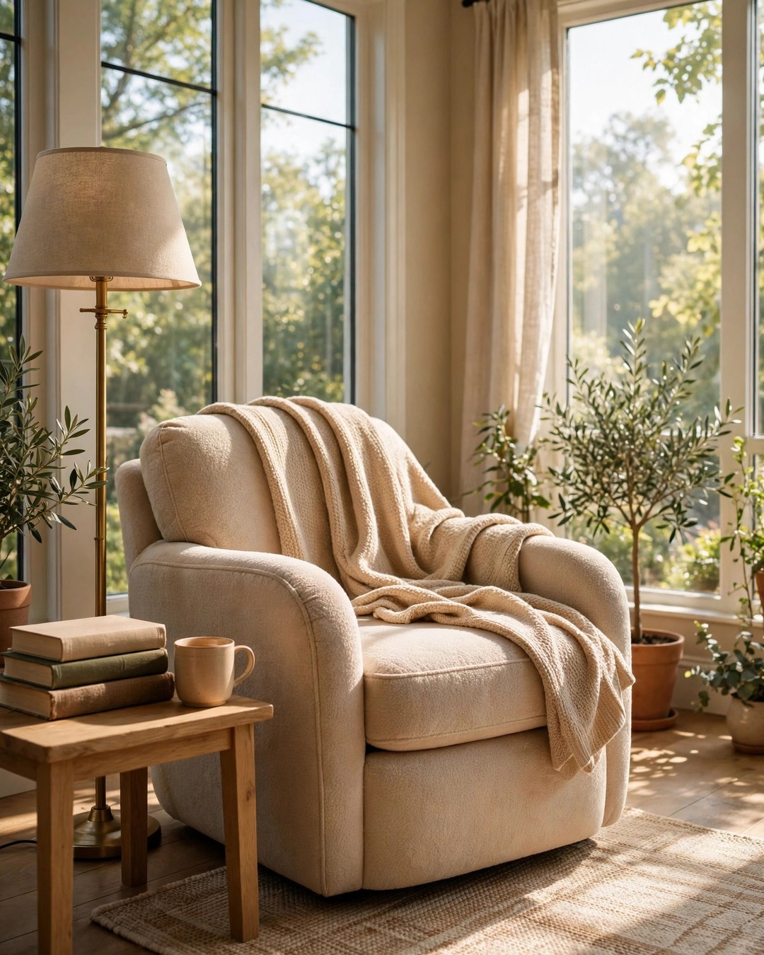 Cozy sunroom reading nook with chair, books, and floor lamp by a bright window
