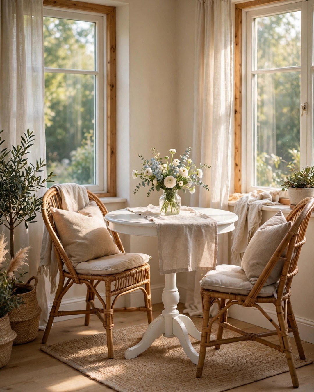 Bistro table breakfast corner with rattan chairs in a bright sunroom