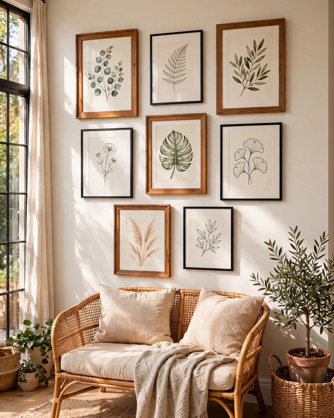 Gallery wall of botanical prints on the solid wall of a sunroom