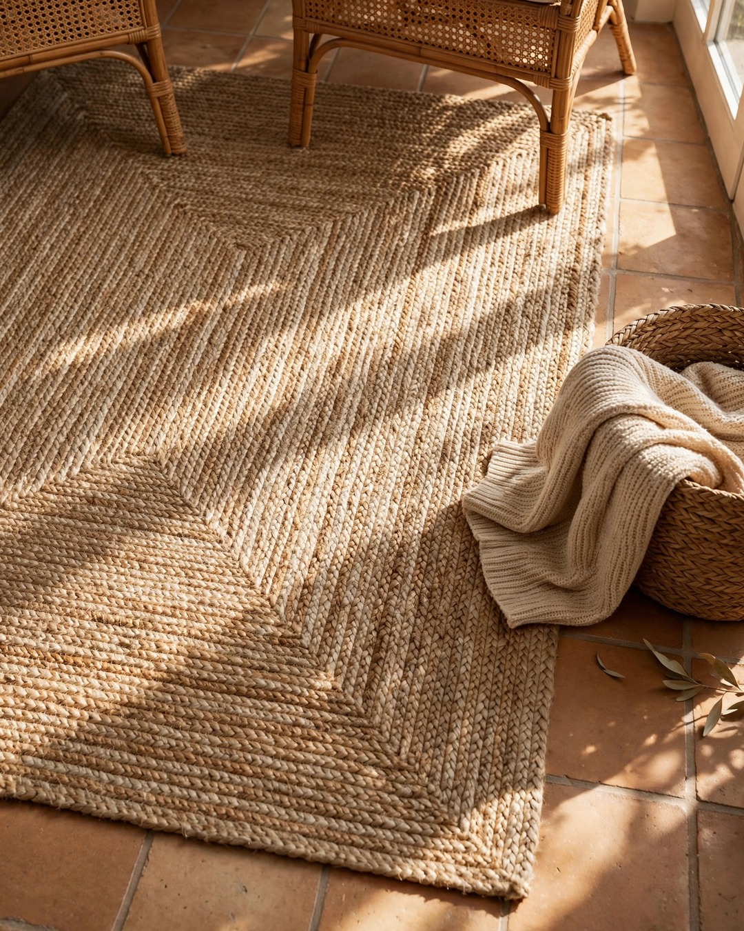 Natural jute rug under rattan chairs on a sunroom tile floor