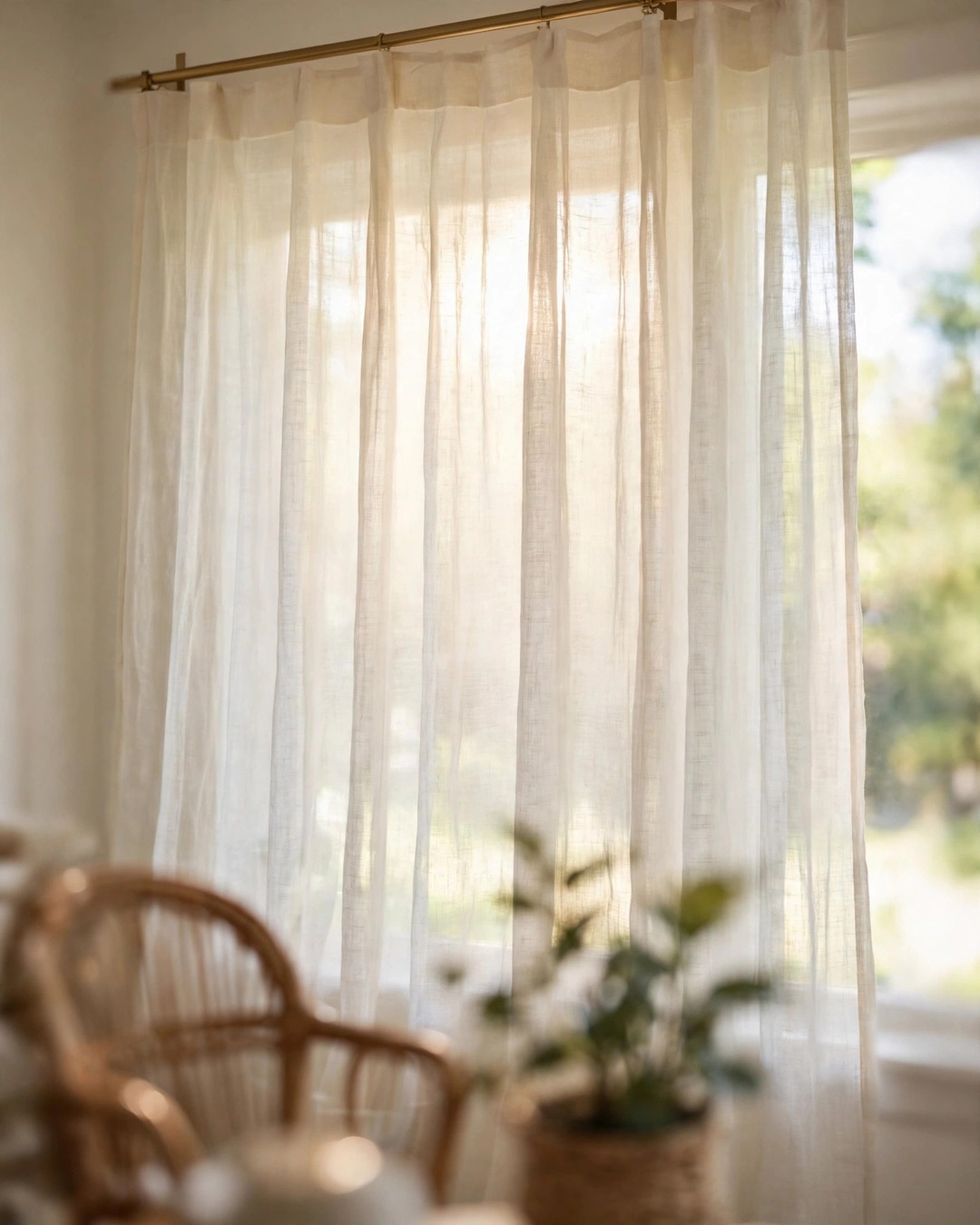 Sheer ivory linen curtains diffusing sunlight in a sunroom