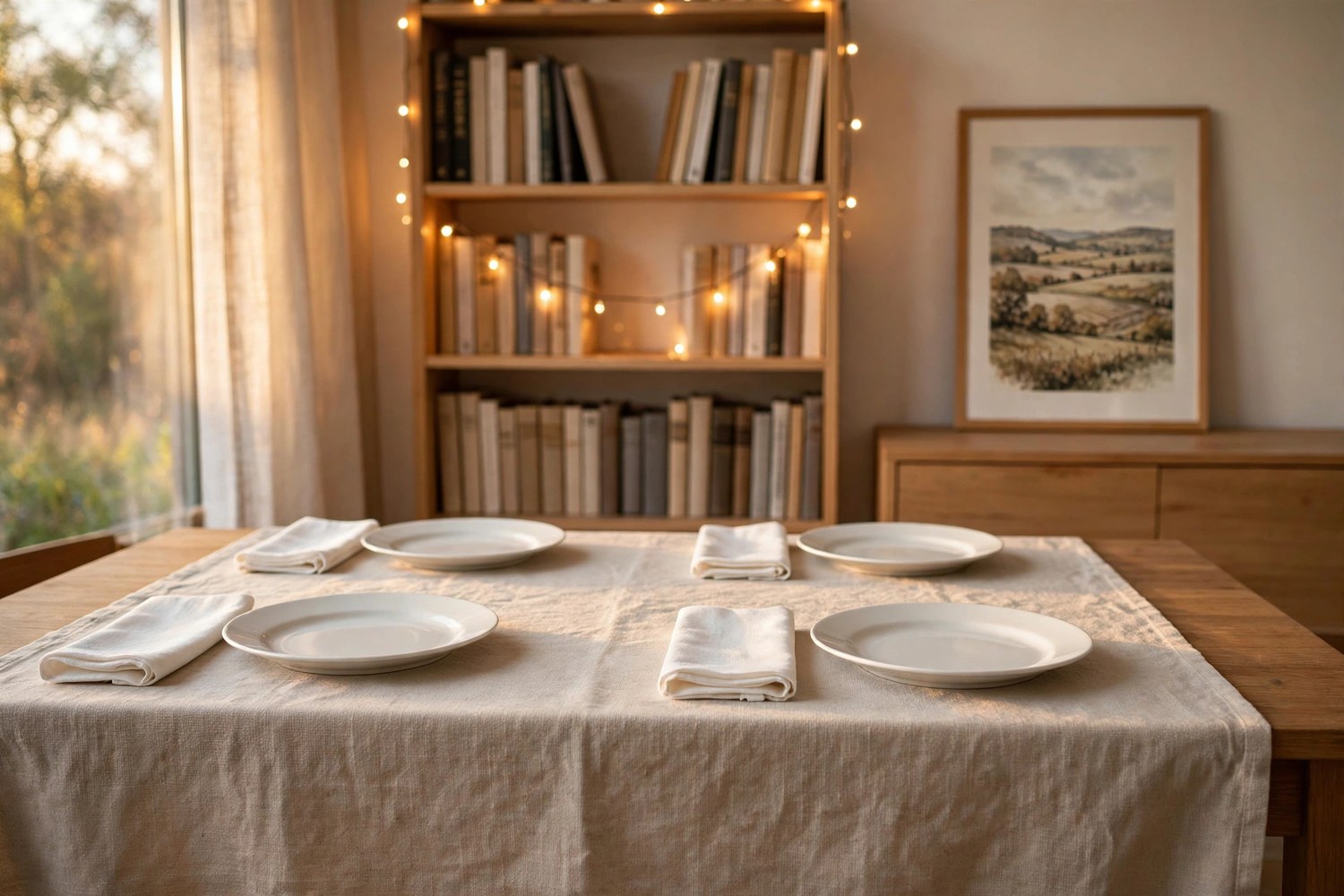 Thanksgiving dining table with a natural canvas cloth, string lights on a bookshelf, and framed harvest art