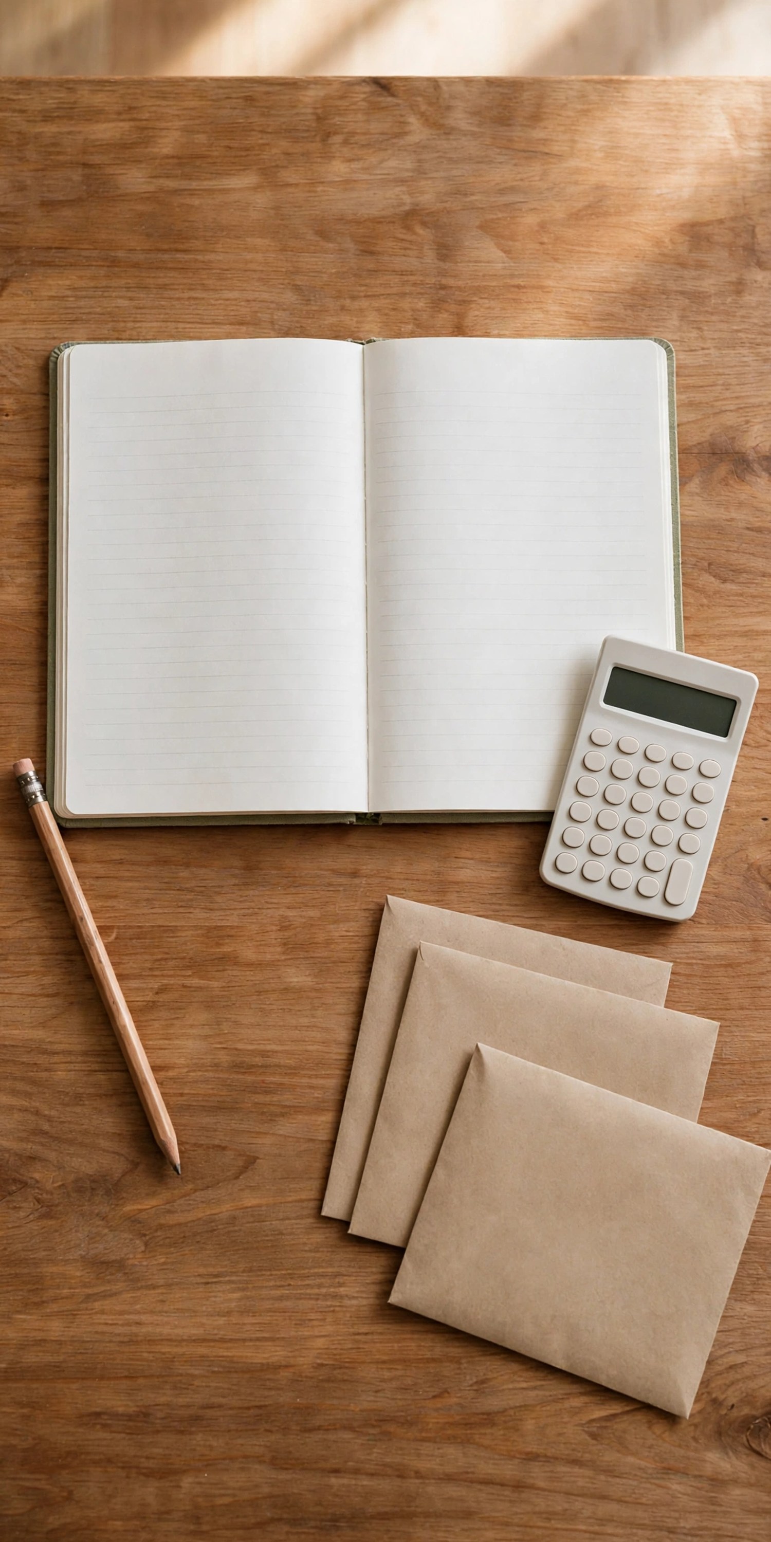 Blank notebook, calculator, pencil, and envelopes for planning a Thanksgiving decor budget