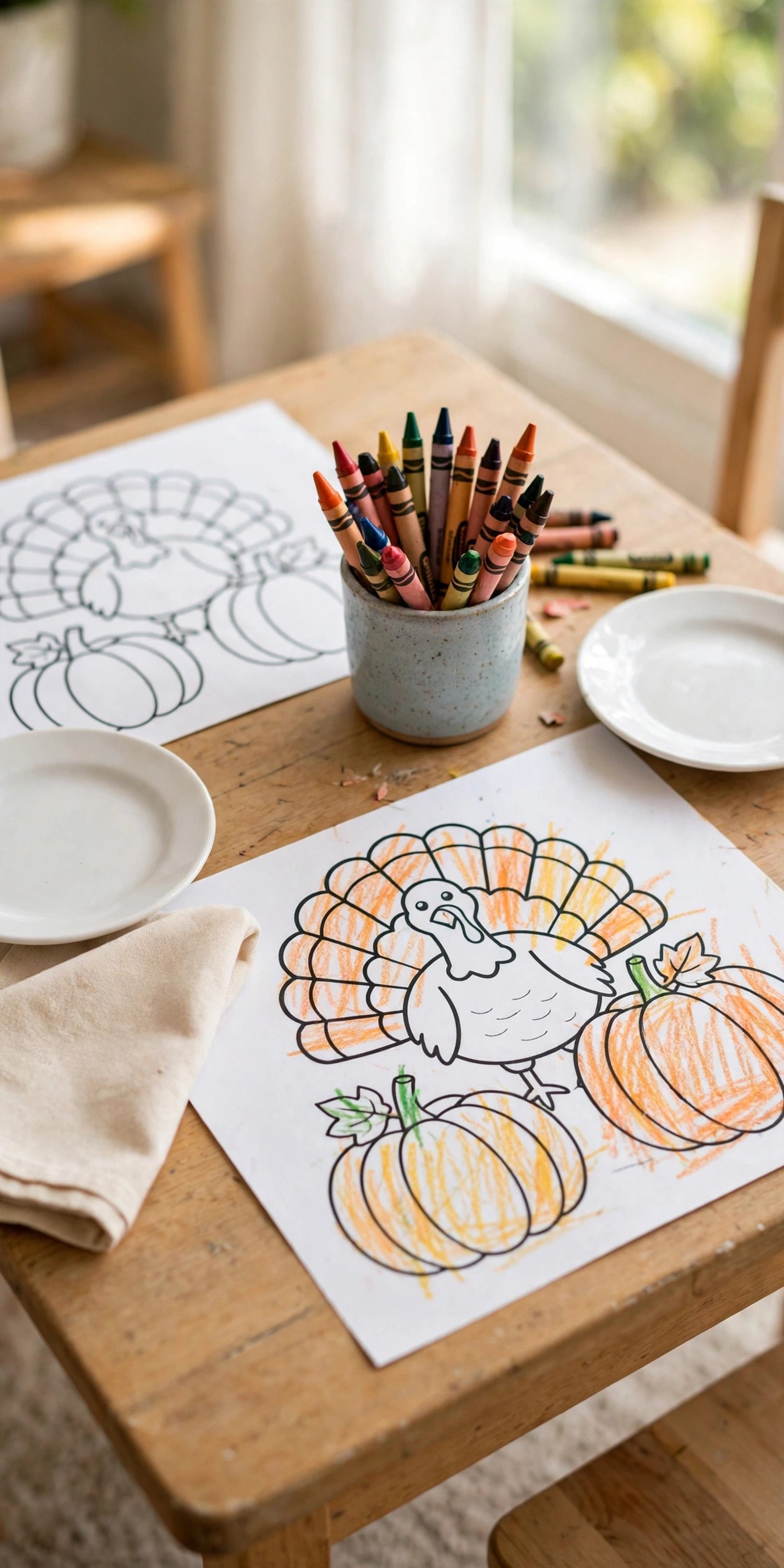 Kids' Thanksgiving table with printed coloring placemats and a shared cup of crayons