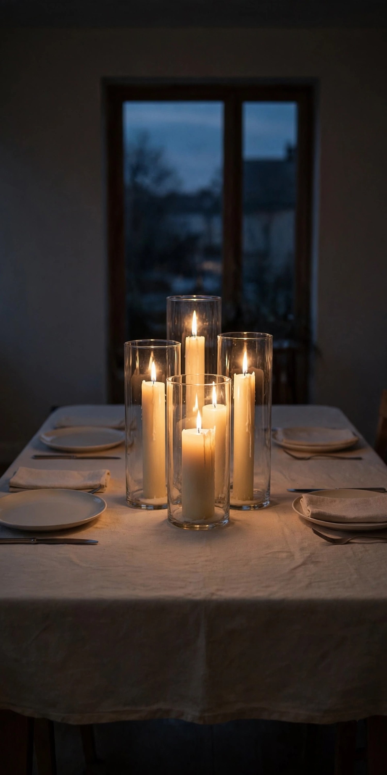 Cluster of pillar candles in glass hurricanes glowing as the single centerpiece on a canvas-covered table