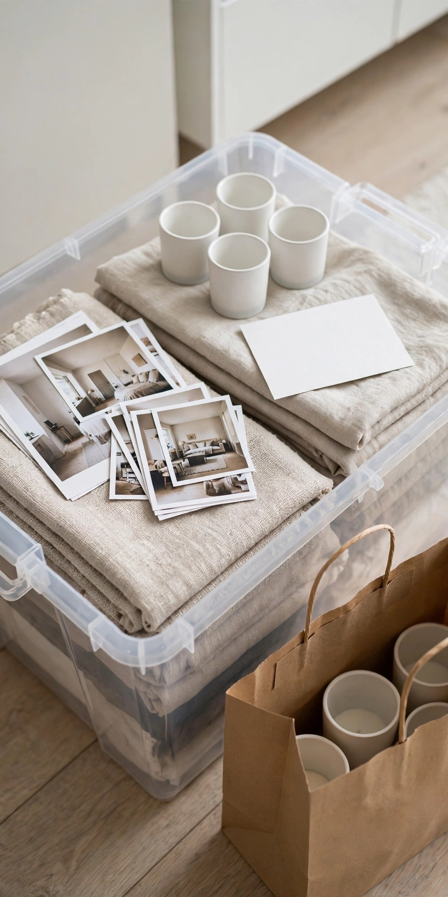 Storage bin packed with folded linens and candle holders, topped with printed room photos