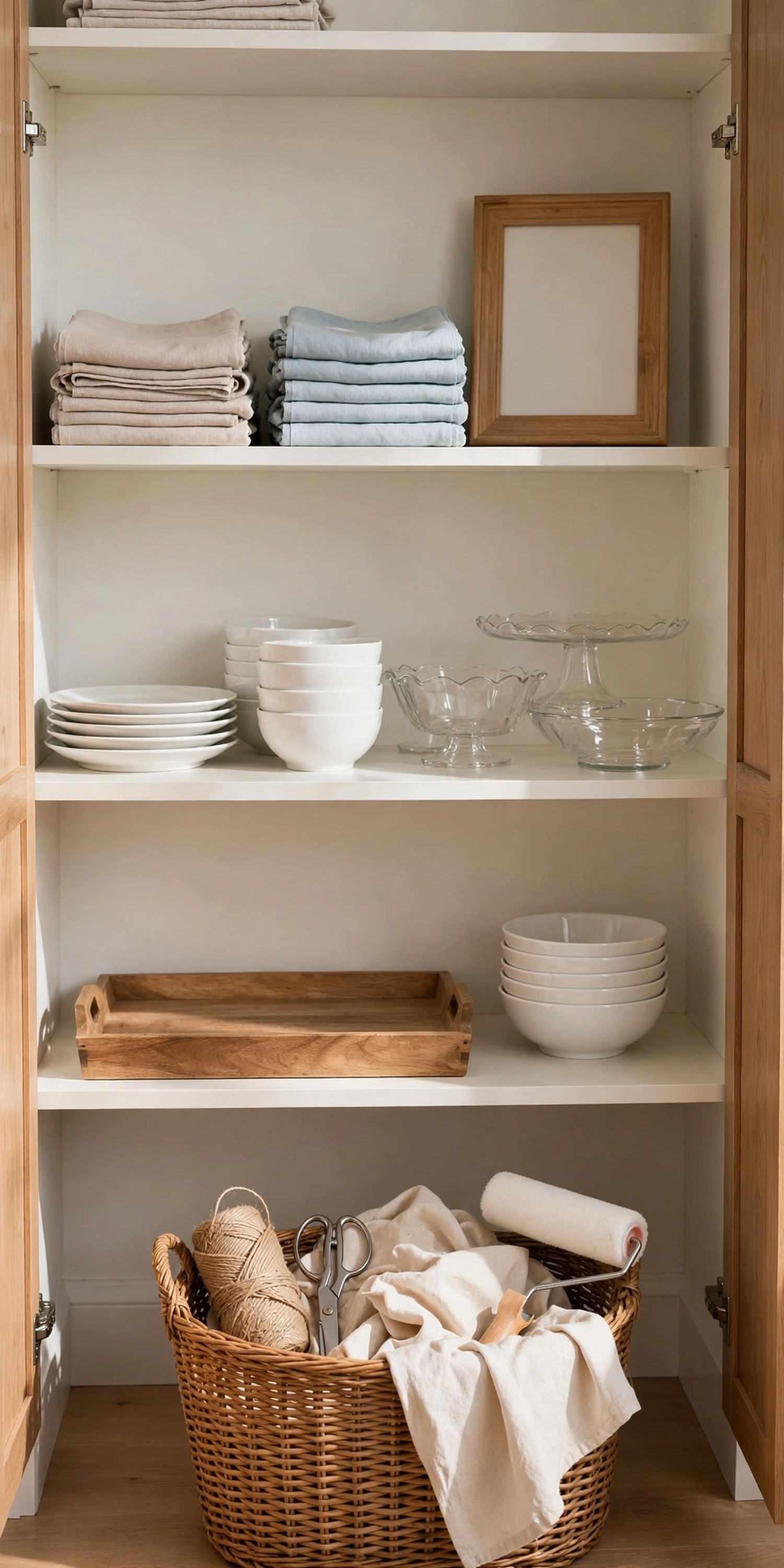 Open cupboard with stacked plates, glass serveware, folded linens, and an empty frame during a decor audit