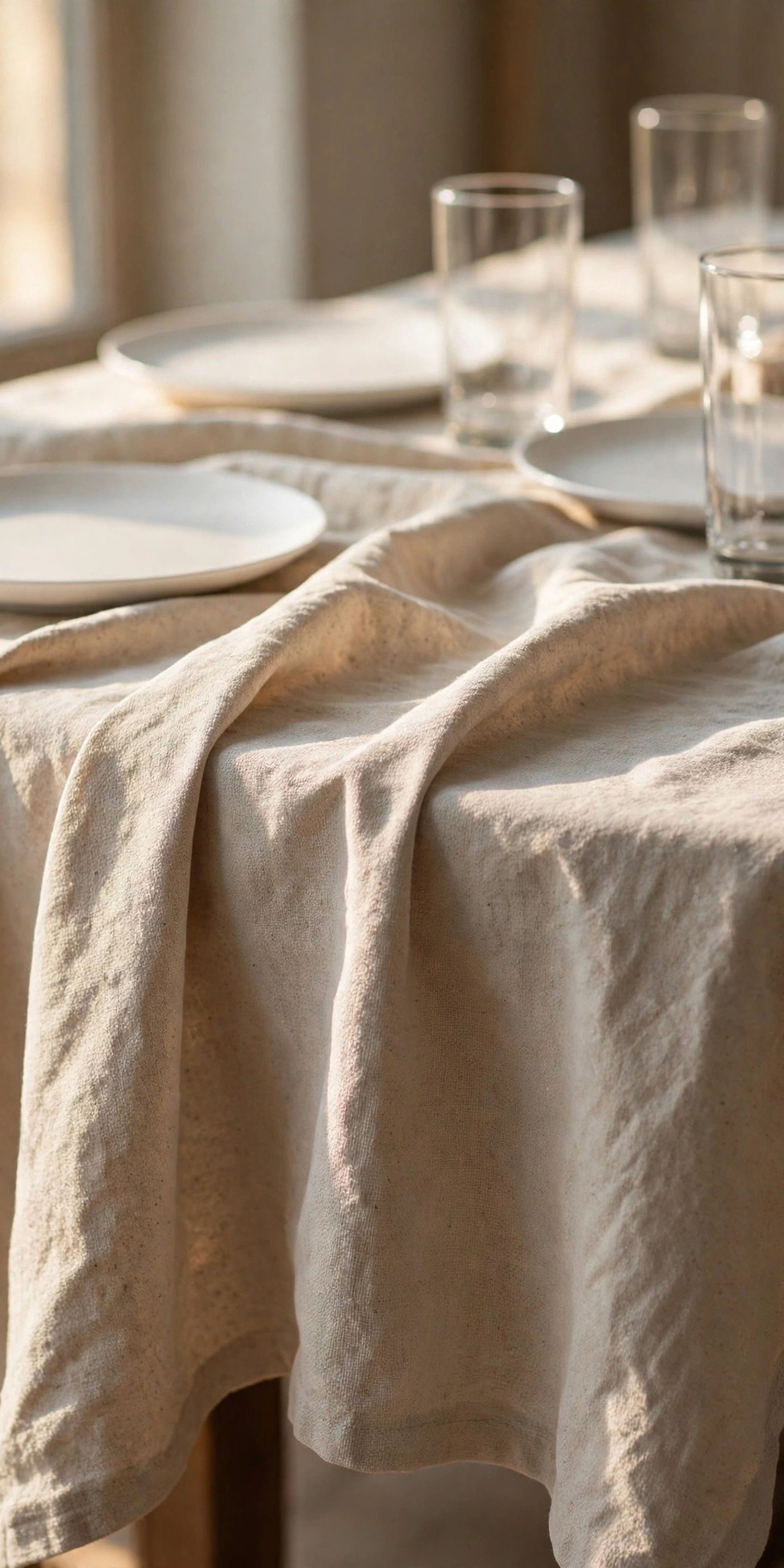 Natural canvas drop cloth draped over a dining table with white plates and clear glasses