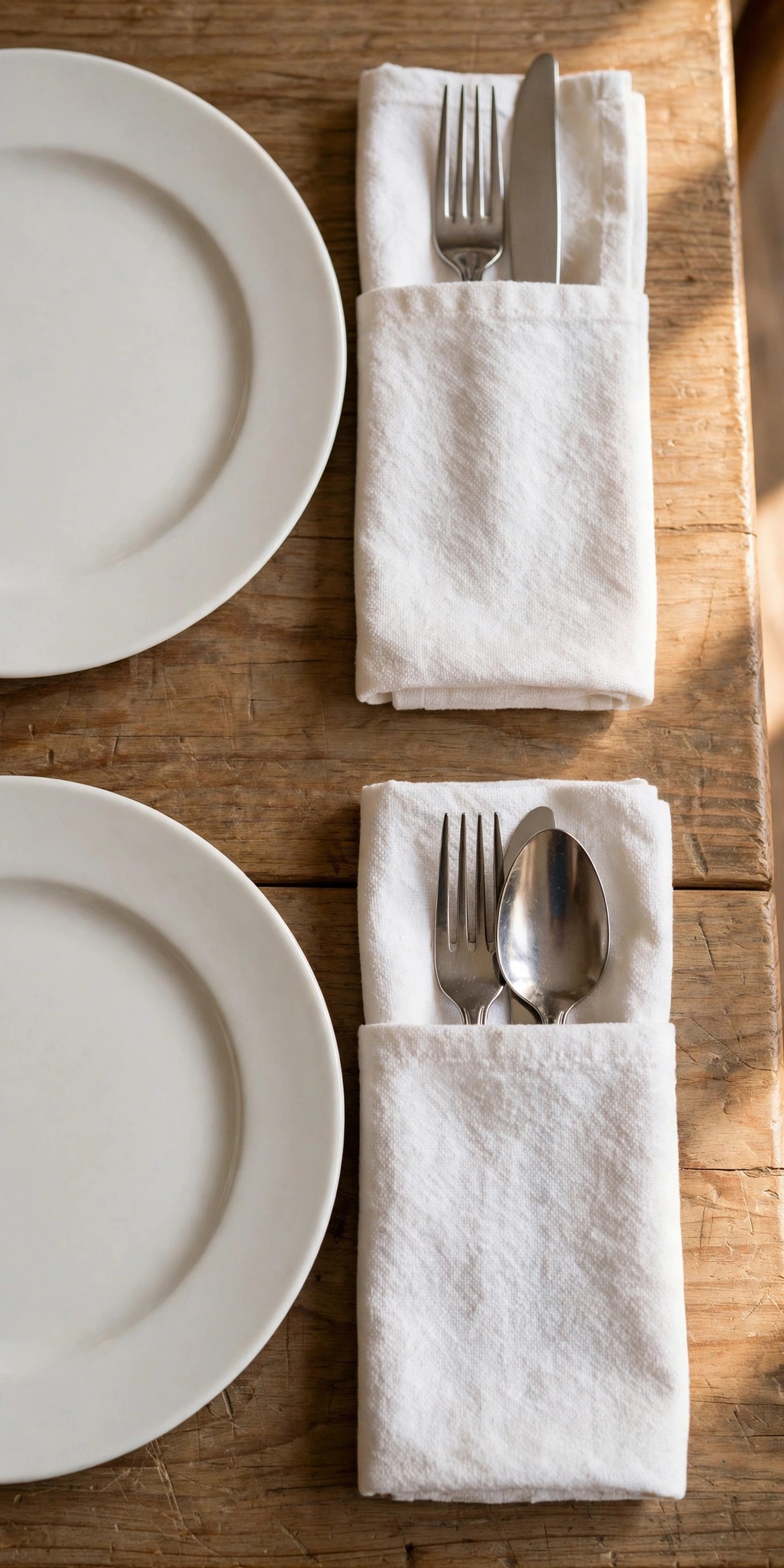 White flour-sack towels folded as napkin pockets holding flatware beside dinner plates