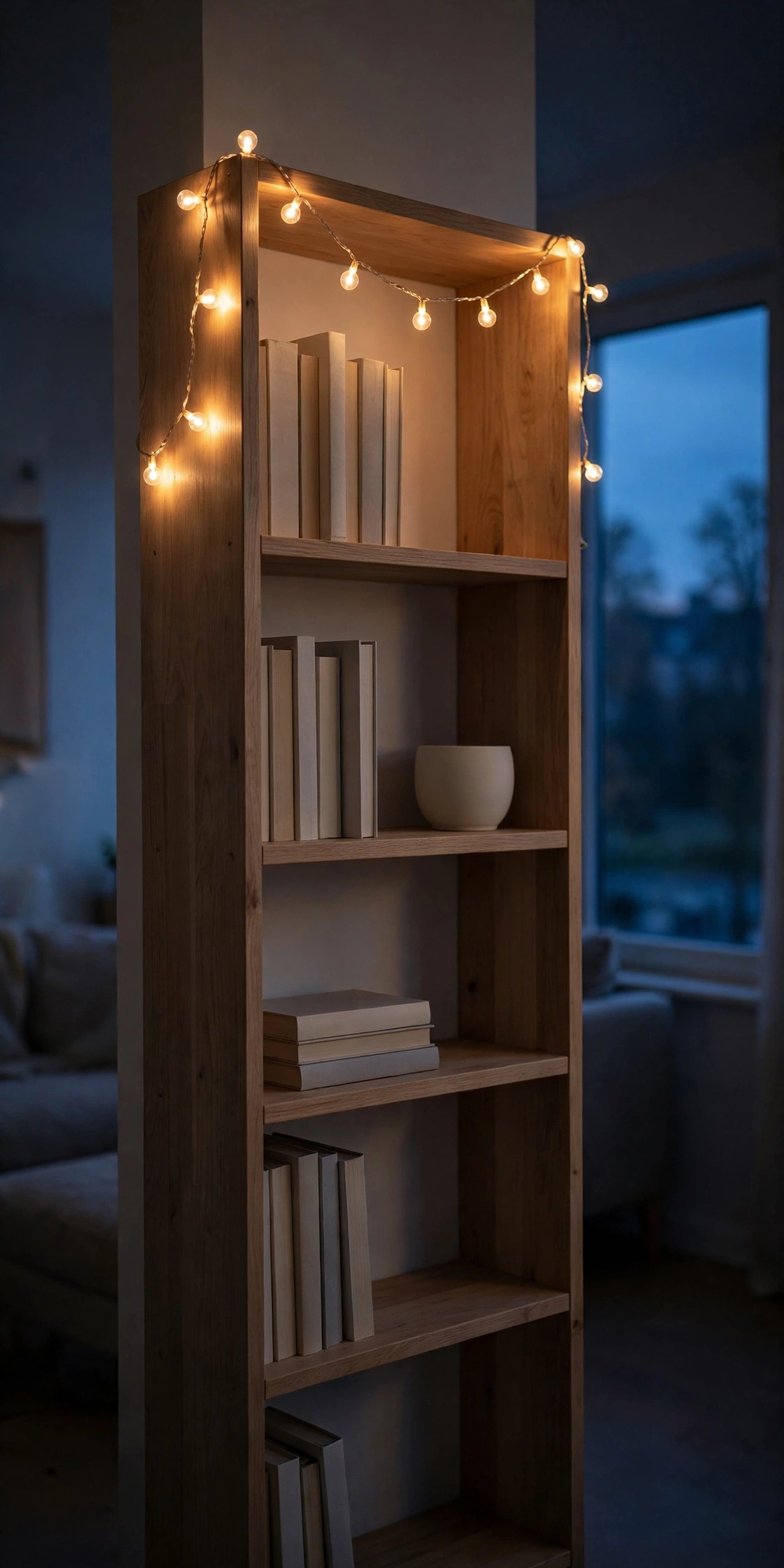 Warm-white string lights draped along a wooden bookshelf at dusk