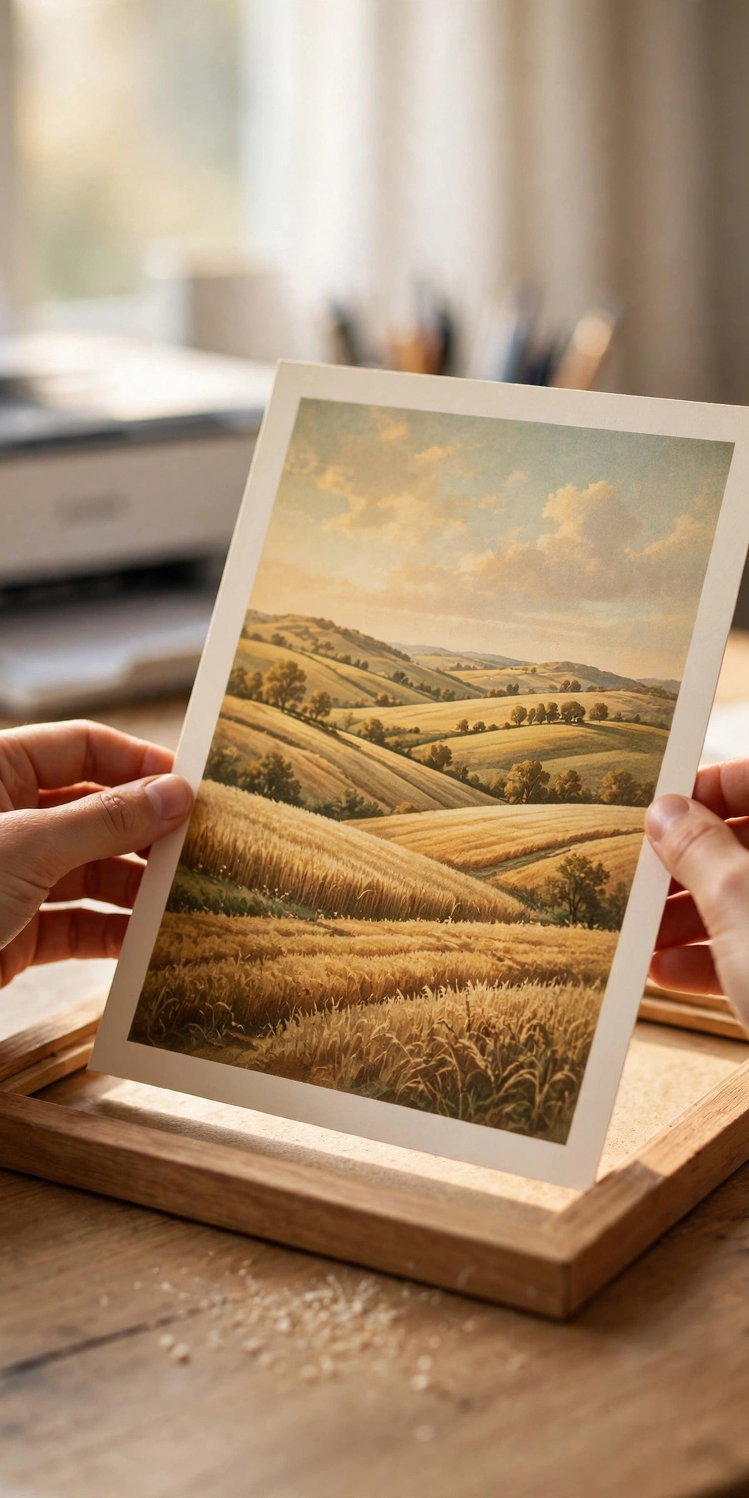 Hands placing a printed harvest landscape art print into a wooden picture frame