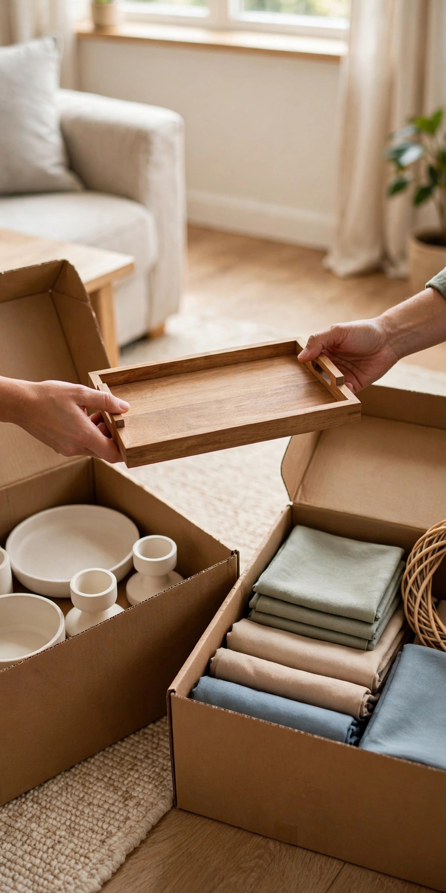 Two boxes of home decor being swapped between friends, with a wooden tray exchanged by hand