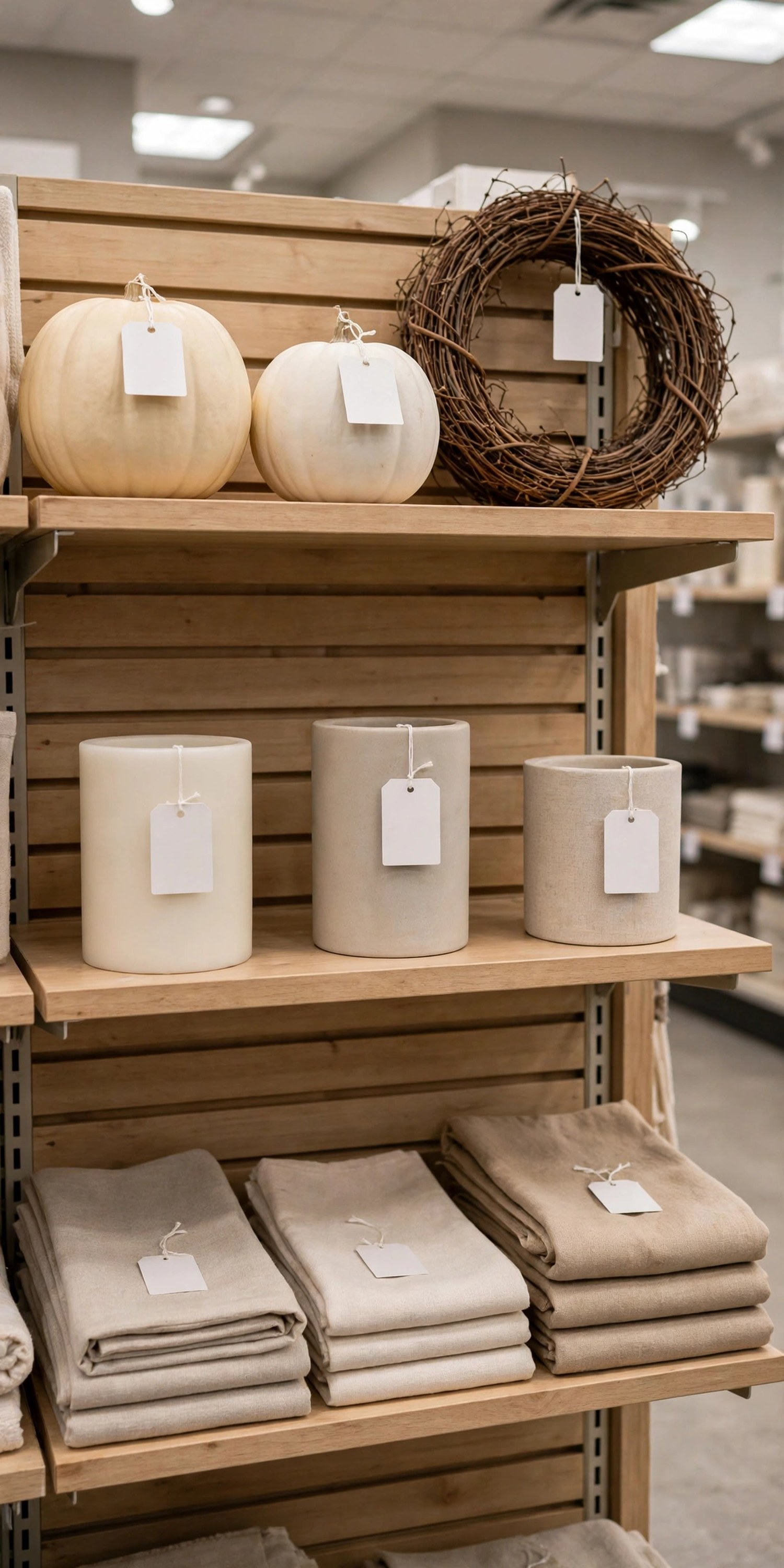 Store clearance shelf with cream pumpkins, candle holders, folded linens, and a bare wreath form