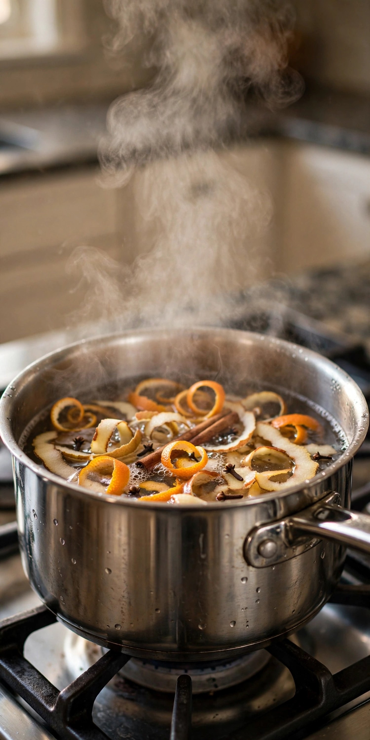 Saucepan simmering orange peels, apple peels, cinnamon sticks, and cloves on a stovetop