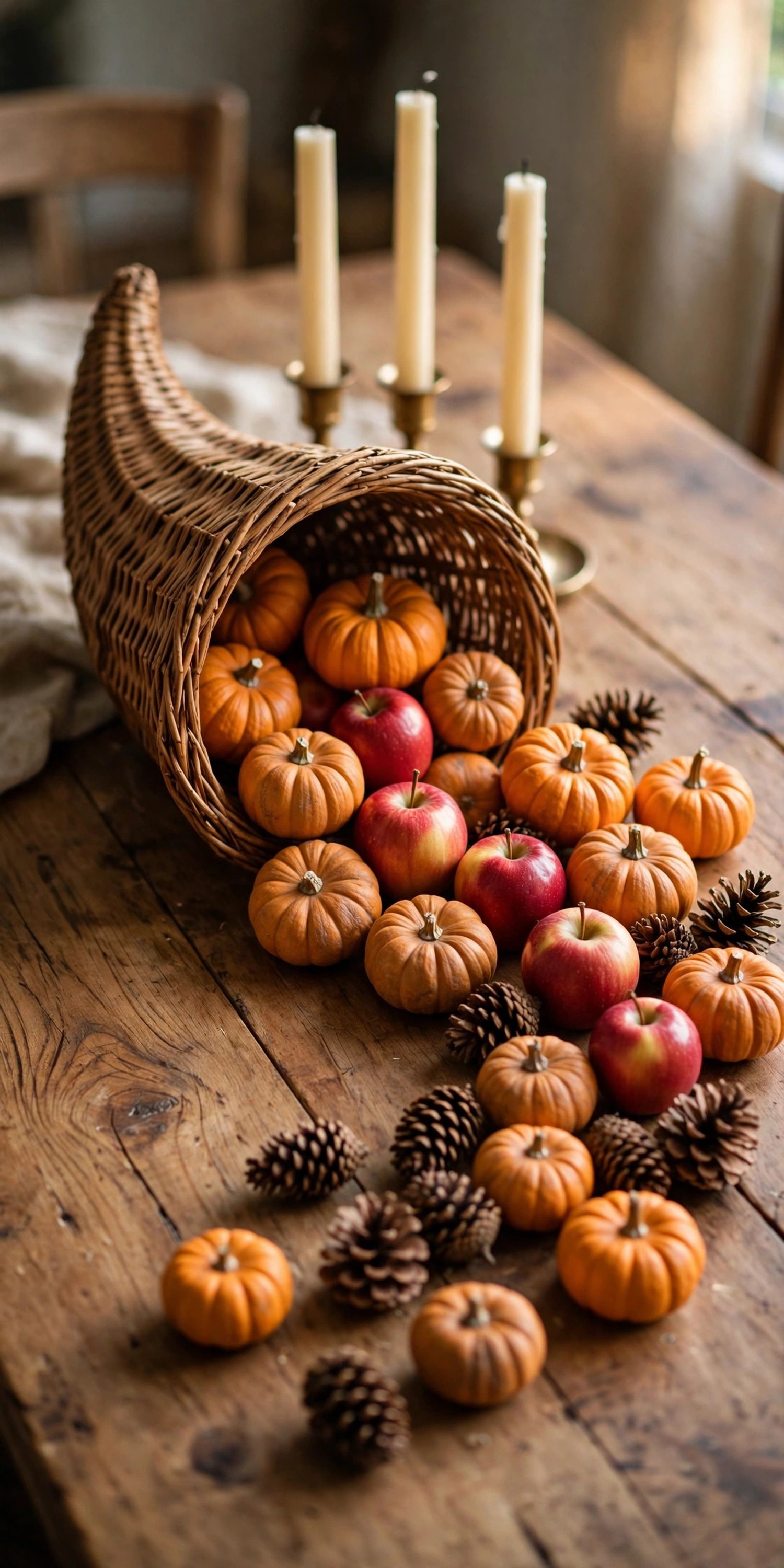 Wicker cornucopia overflowing with mini pumpkins apples pinecones and leaves on wooden table