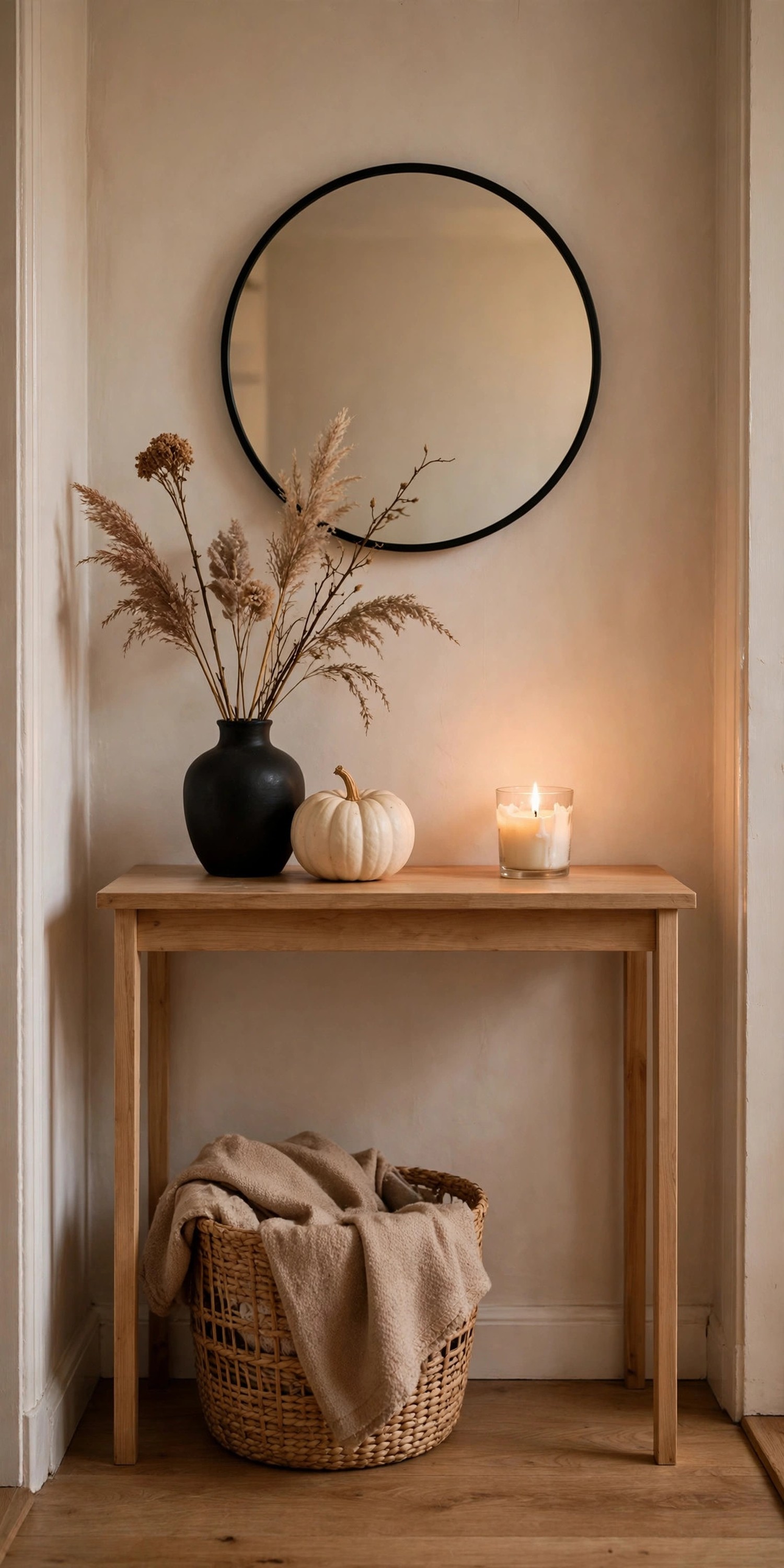 Cozy Thanksgiving corner with armchair knit throw and candle side table