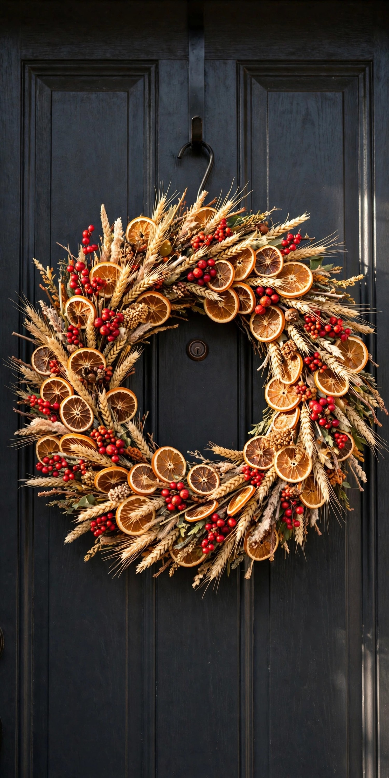 Fall wreath of berries orange slices and wheat on dark apartment door