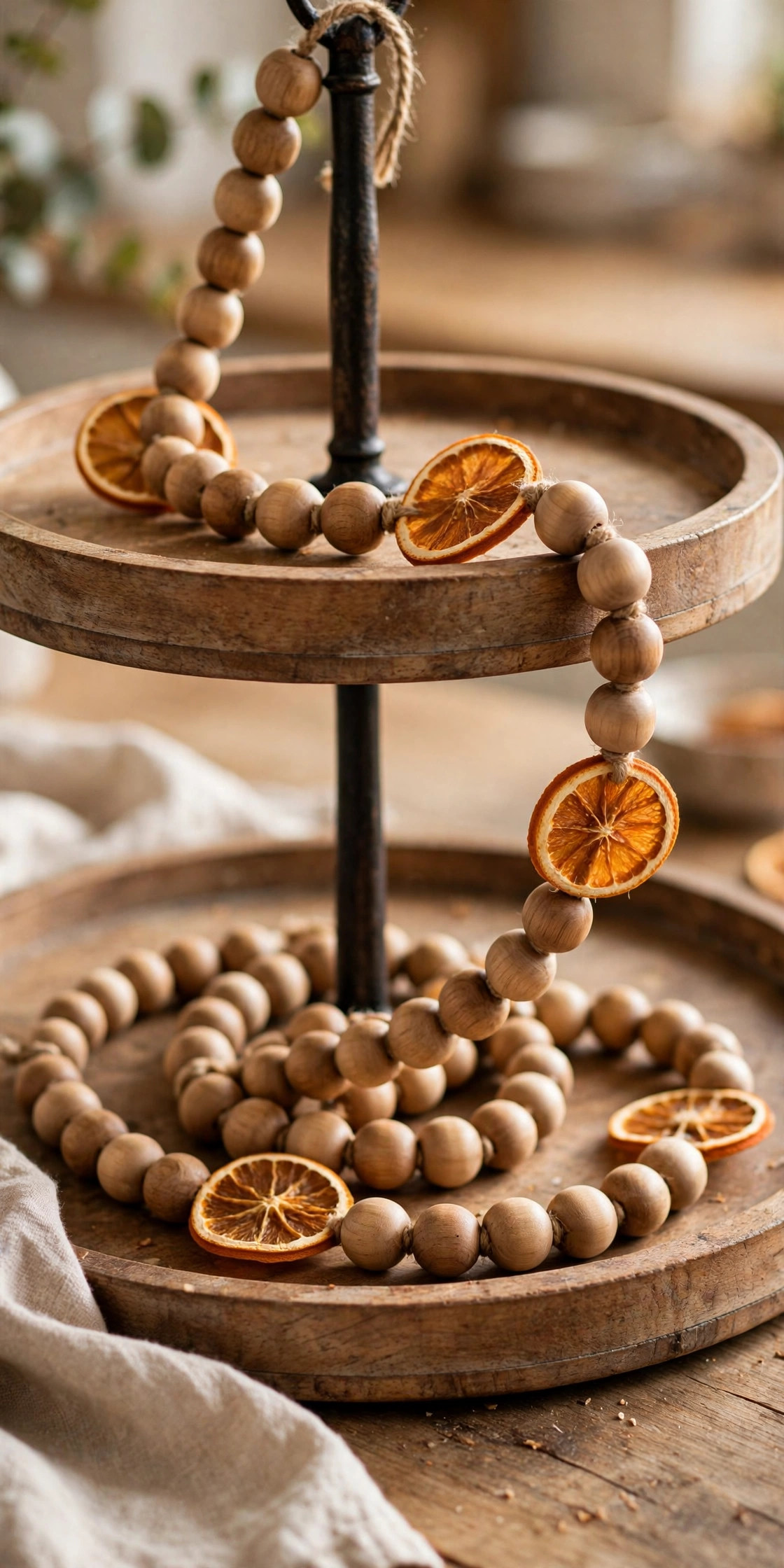 Wood bead garland draped on a fall tiered tray