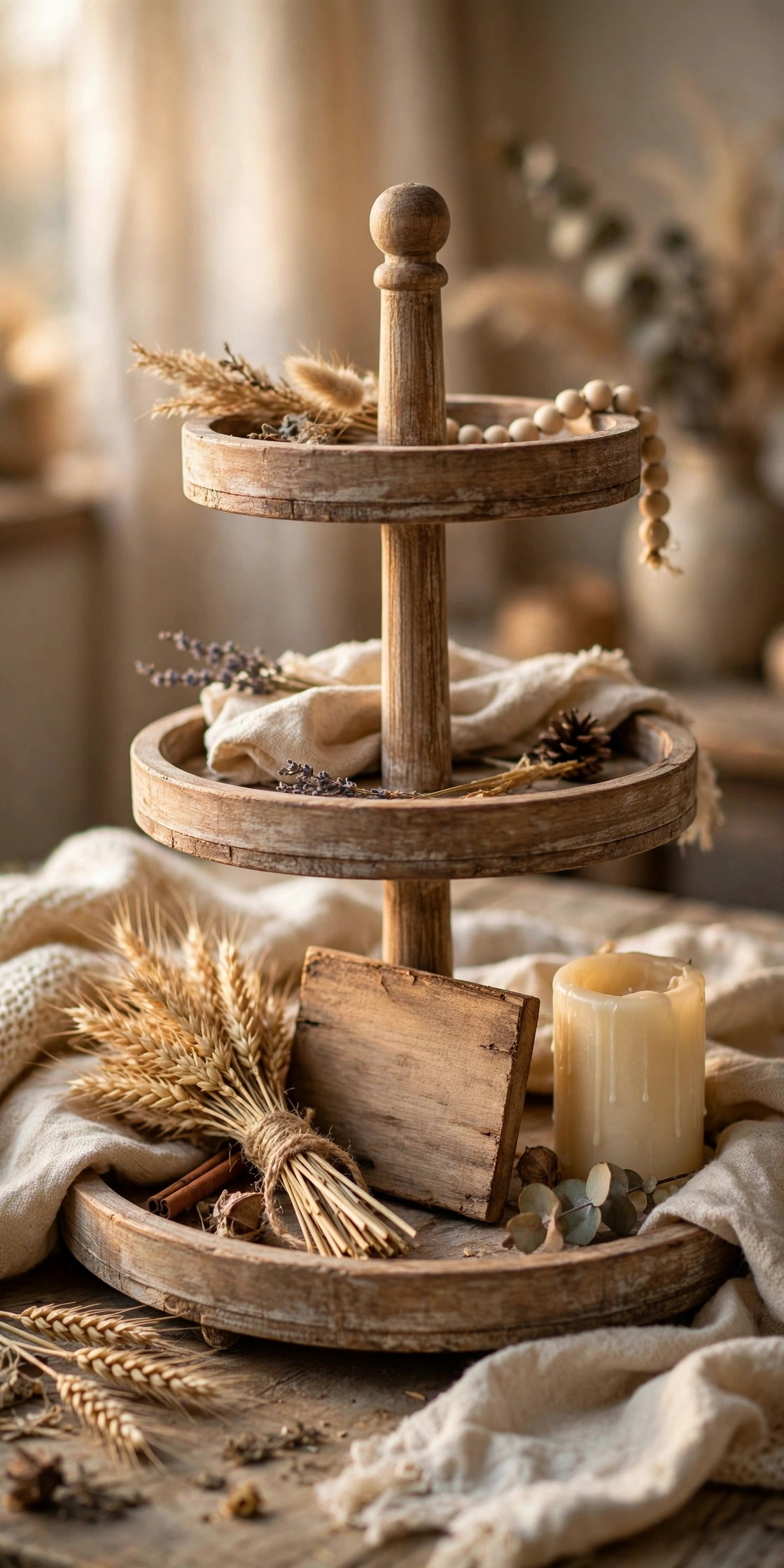 Hello Fall wooden sign styled on a tiered tray