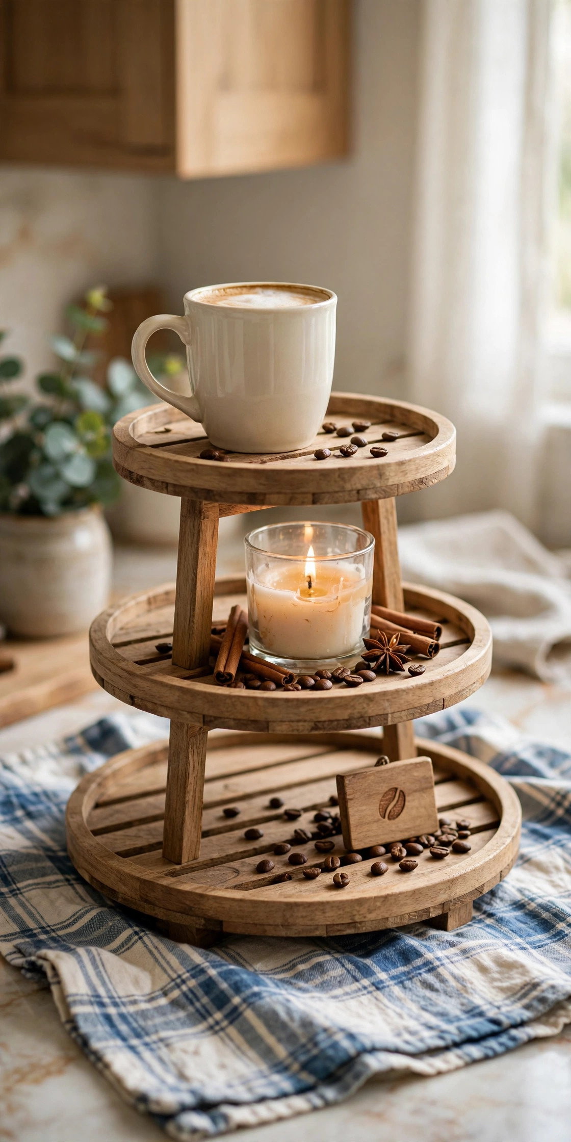 Coffee bar tiered tray with mug and candle