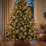 Full-size Christmas tree with warm white lights, gold, burgundy and cream ornaments, and a woven collar in a cozy living room