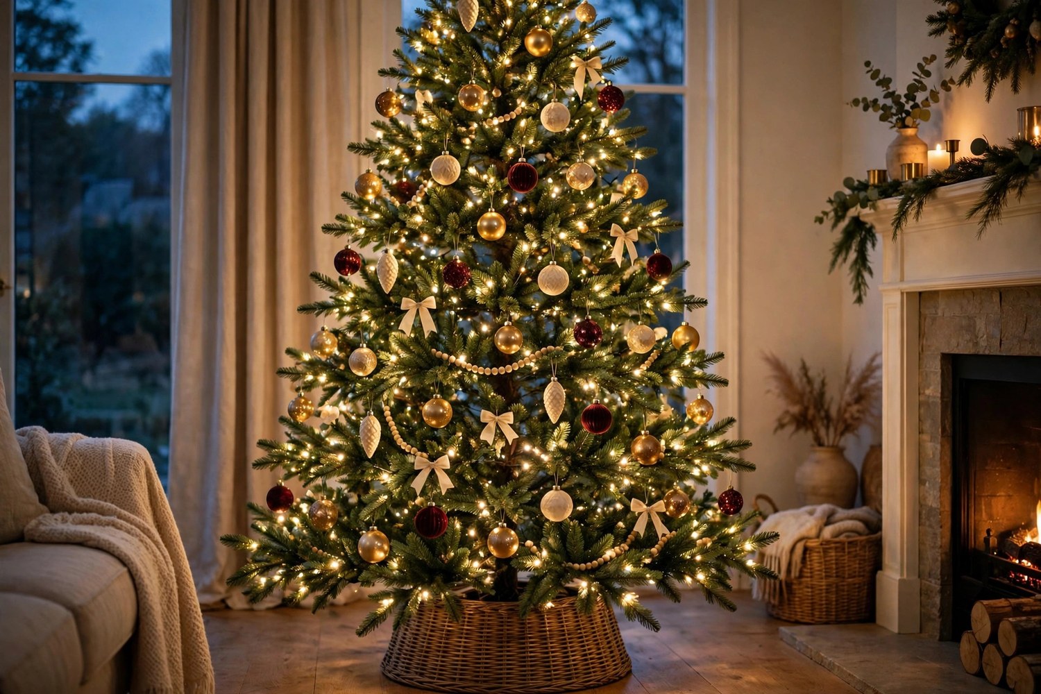 Full-size Christmas tree with warm white lights, gold, burgundy and cream ornaments, and a woven collar in a cozy living room