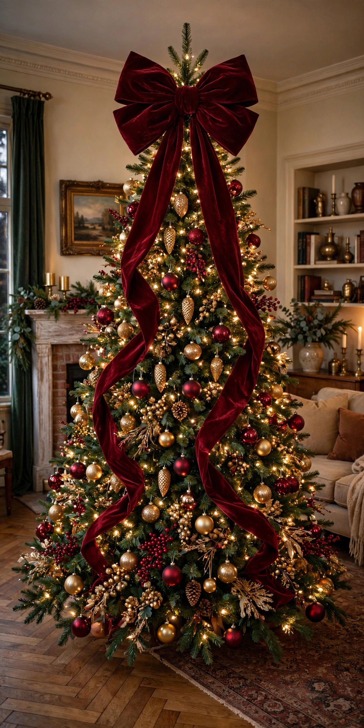 Christmas tree crowned with an oversized burgundy velvet bow with long trailing ribbon tails