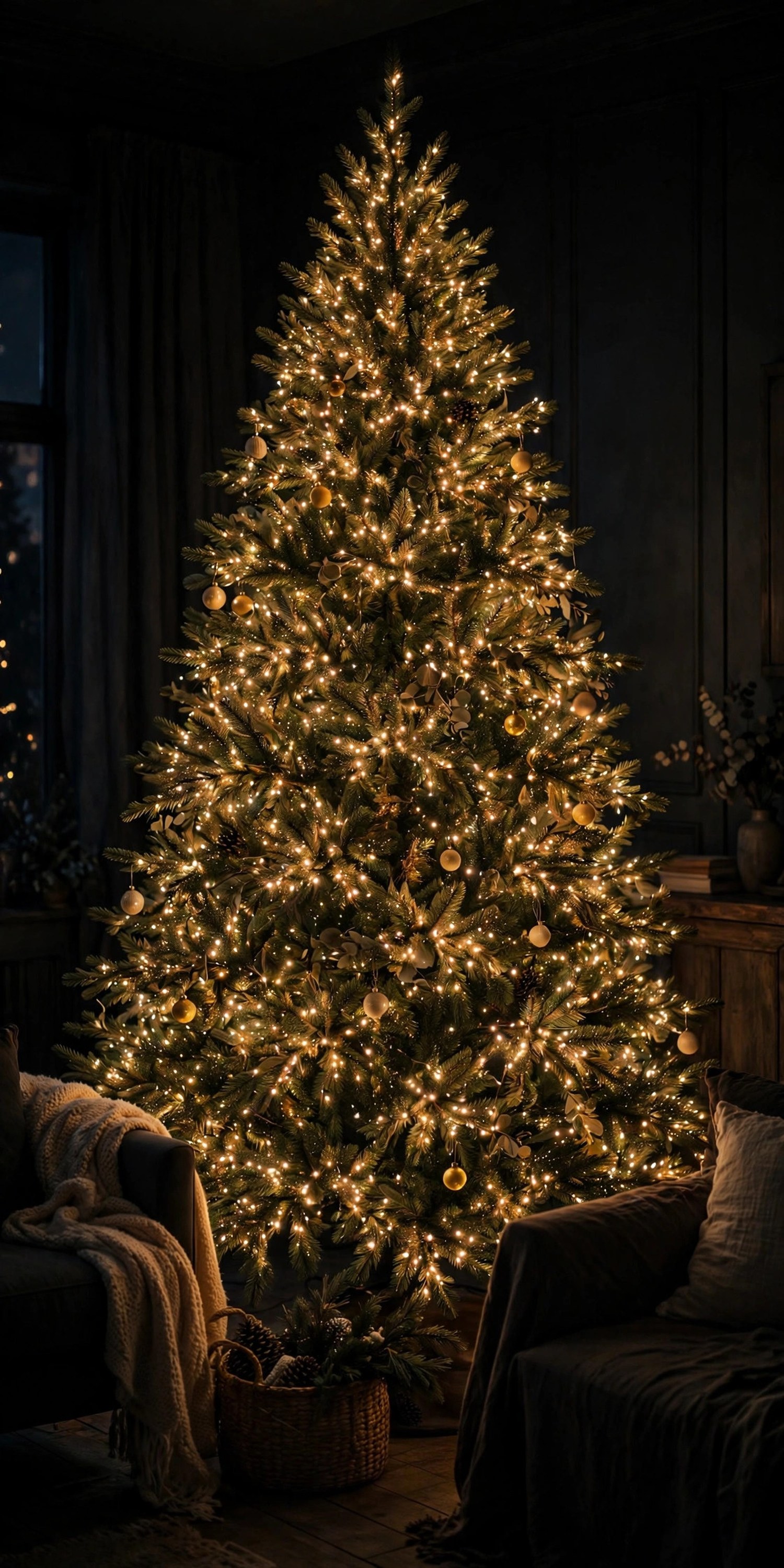 Christmas tree glowing at night with thousands of tiny warm micro LED lights and simple gold ornaments