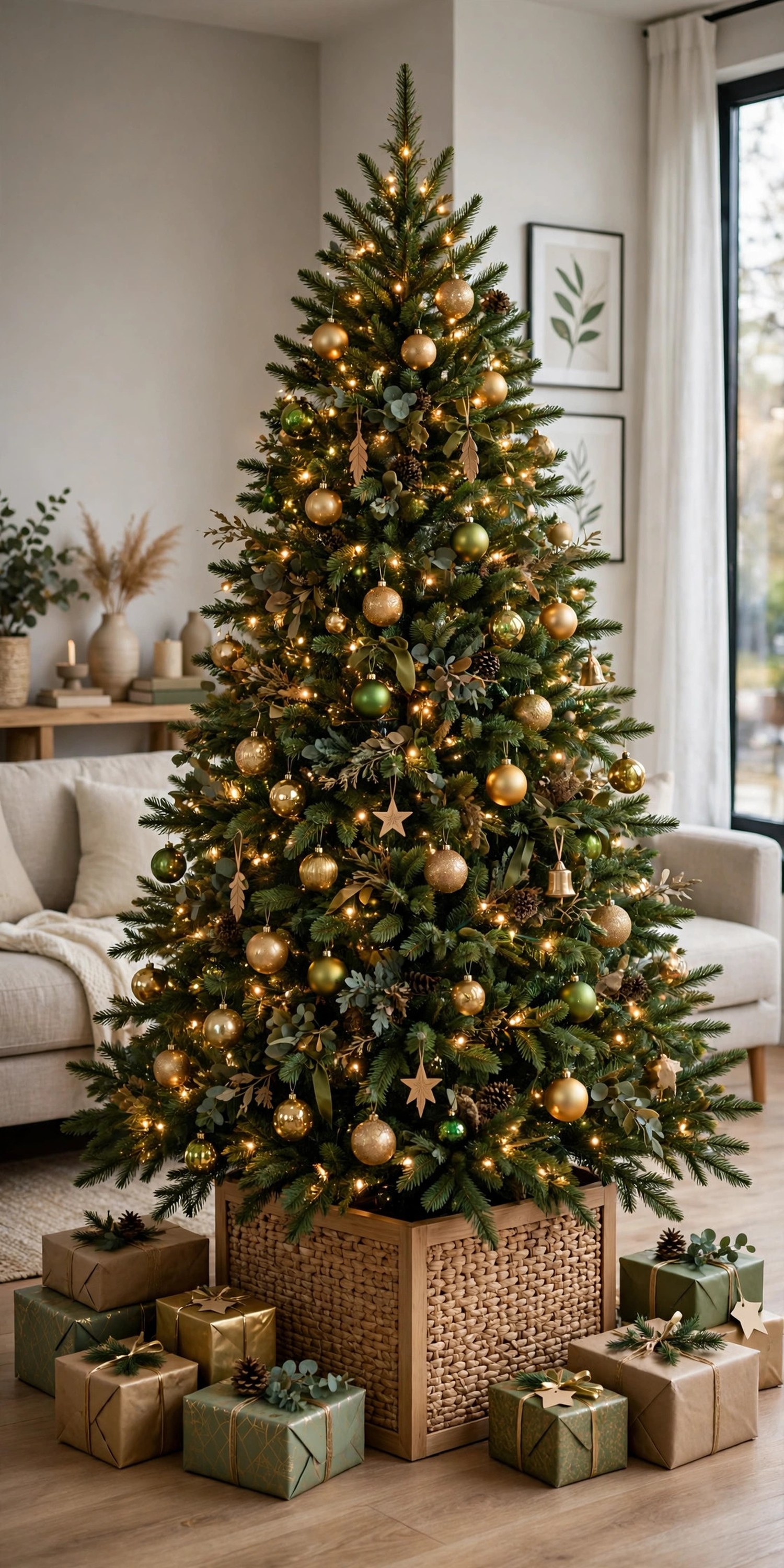 Christmas tree with a woven seagrass tree collar hiding the stand, with wrapped gifts beside it