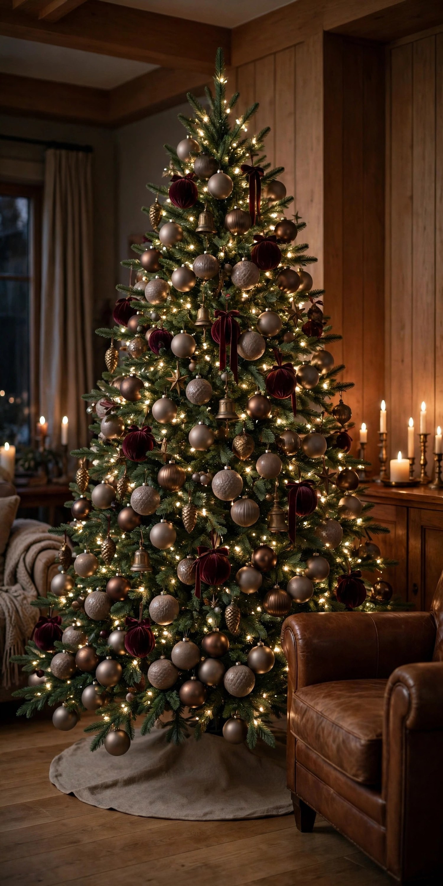 Christmas tree in matte taupe and bronze with deep burgundy velvet ornaments beside a leather armchair