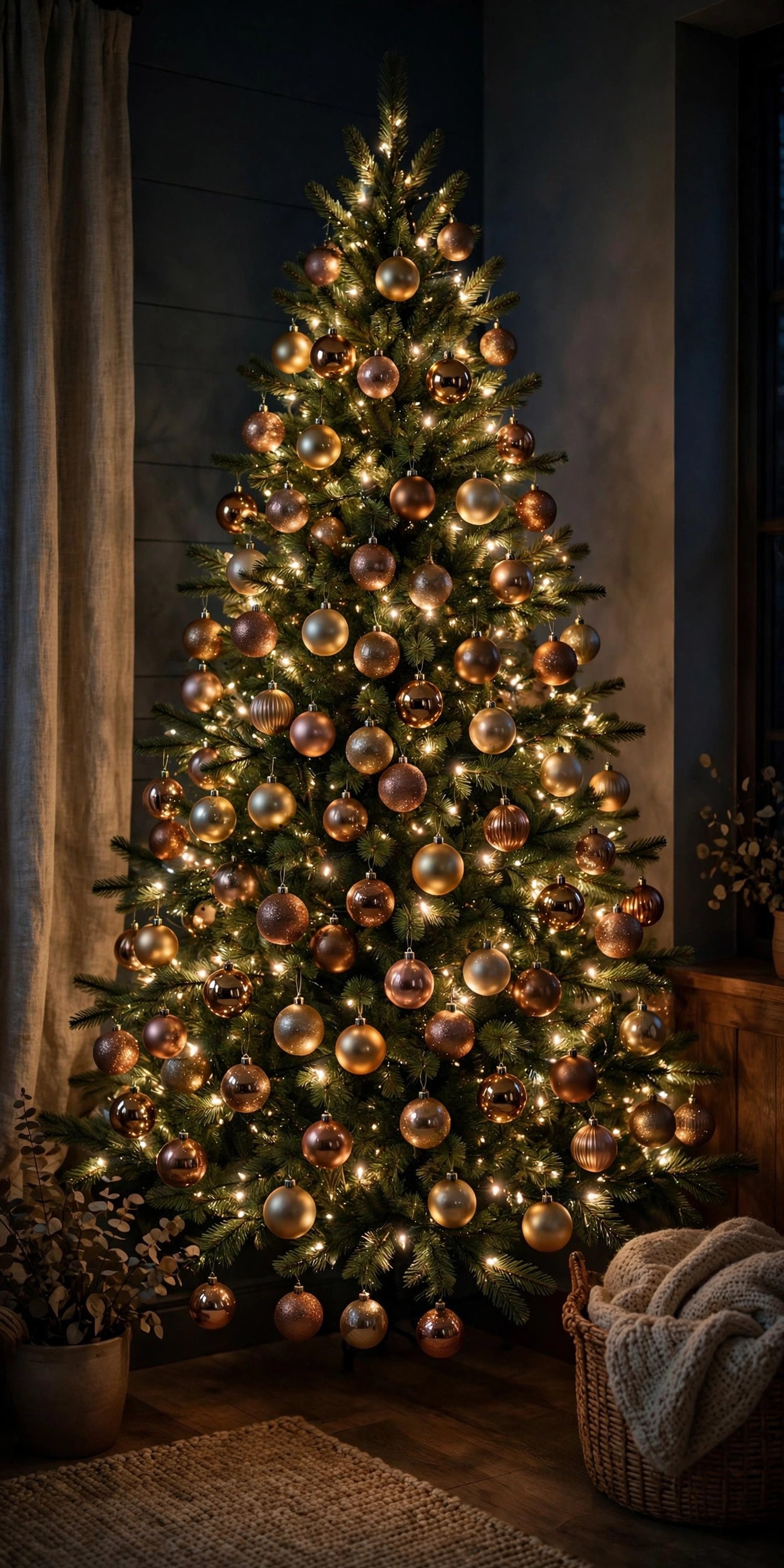 Christmas tree decorated only with gold, champagne, copper, and bronze metallic ornaments glowing in a dim corner